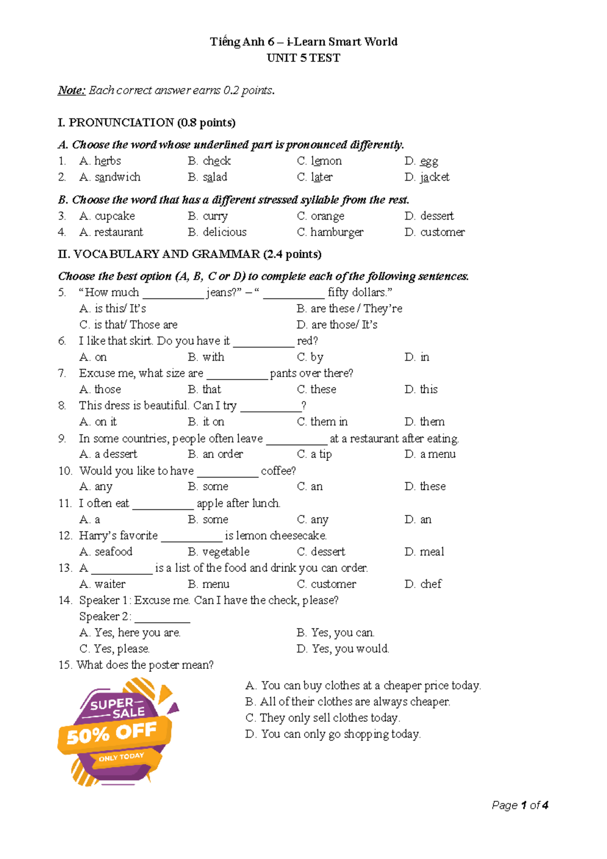 Tiếng Anh 6 - i-Learn Smart World Unit 5 Test Questions & Answers - Studocu
