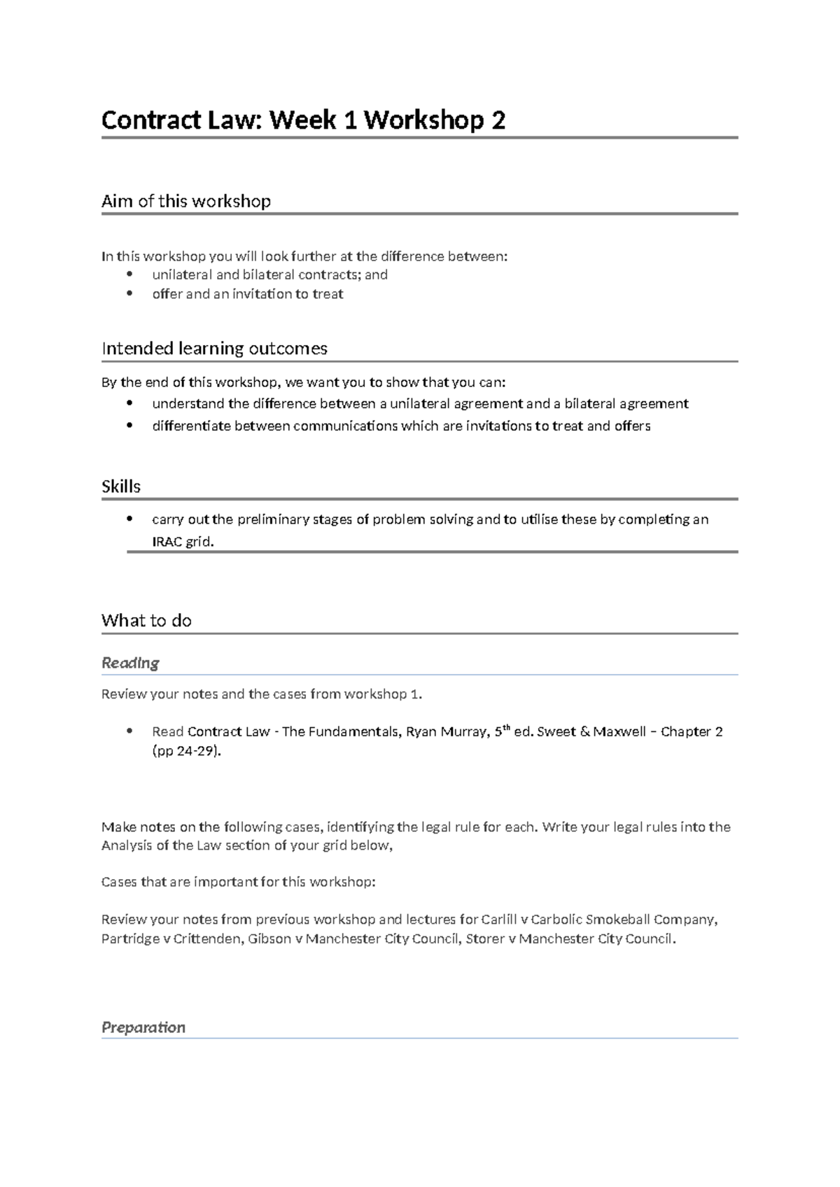 Contract Law: Week 1 Workshop 2 - Unilateral vs Bilateral Agreements ...