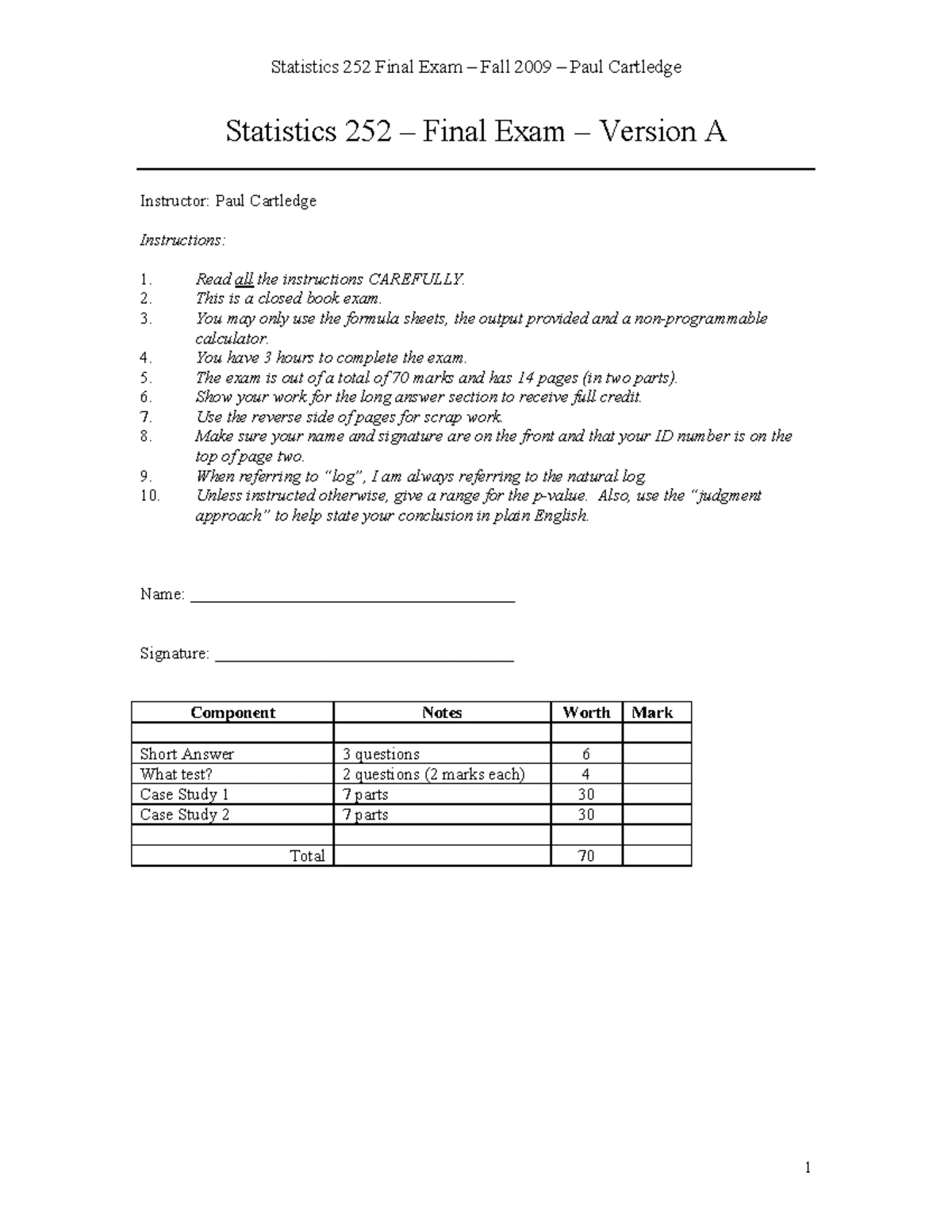 252Practice Final 1Soln - Statistics 252 – Final Exam – Version A ...