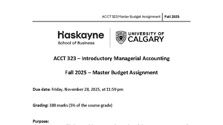 ACCT 323 Master Budget Group Assignment Fall 2025 - Studocu