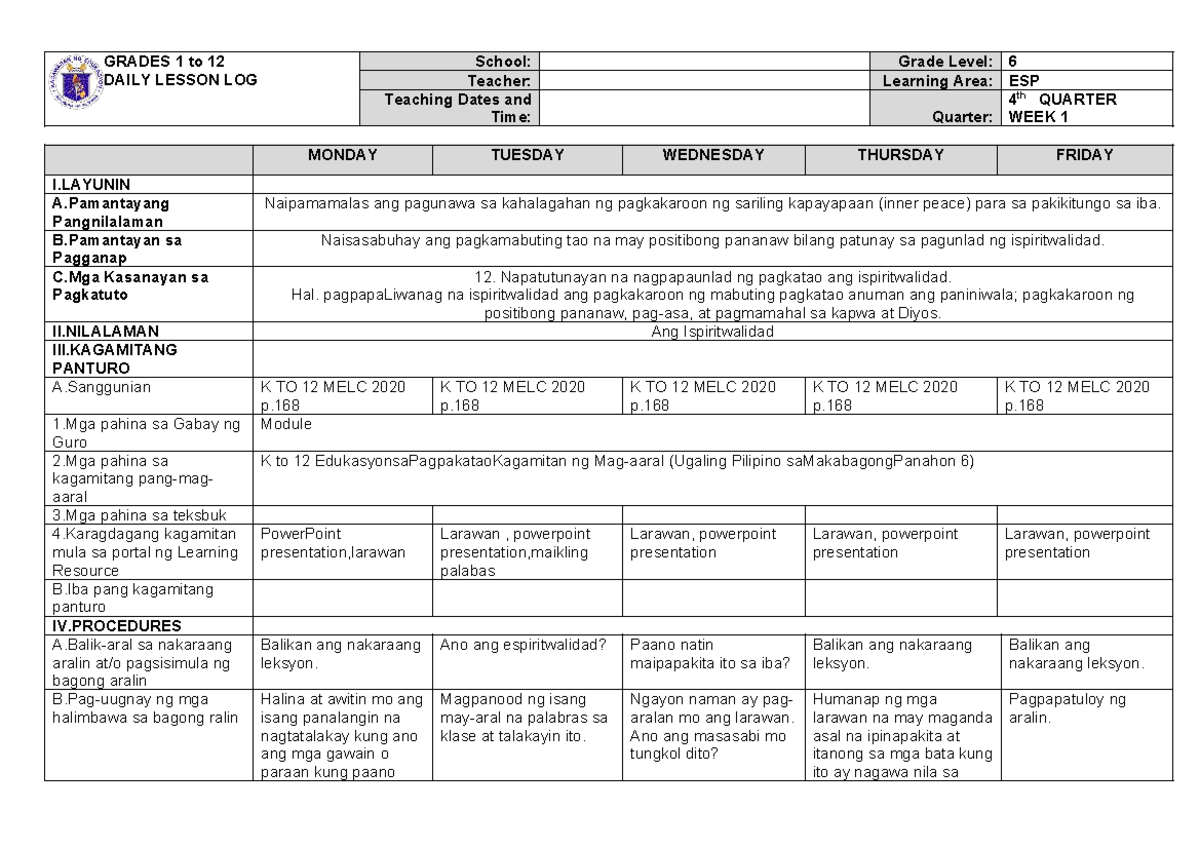 DLL G6-ESP Q4 W1 - Daily Lesson Log on Spirituality - Studocu