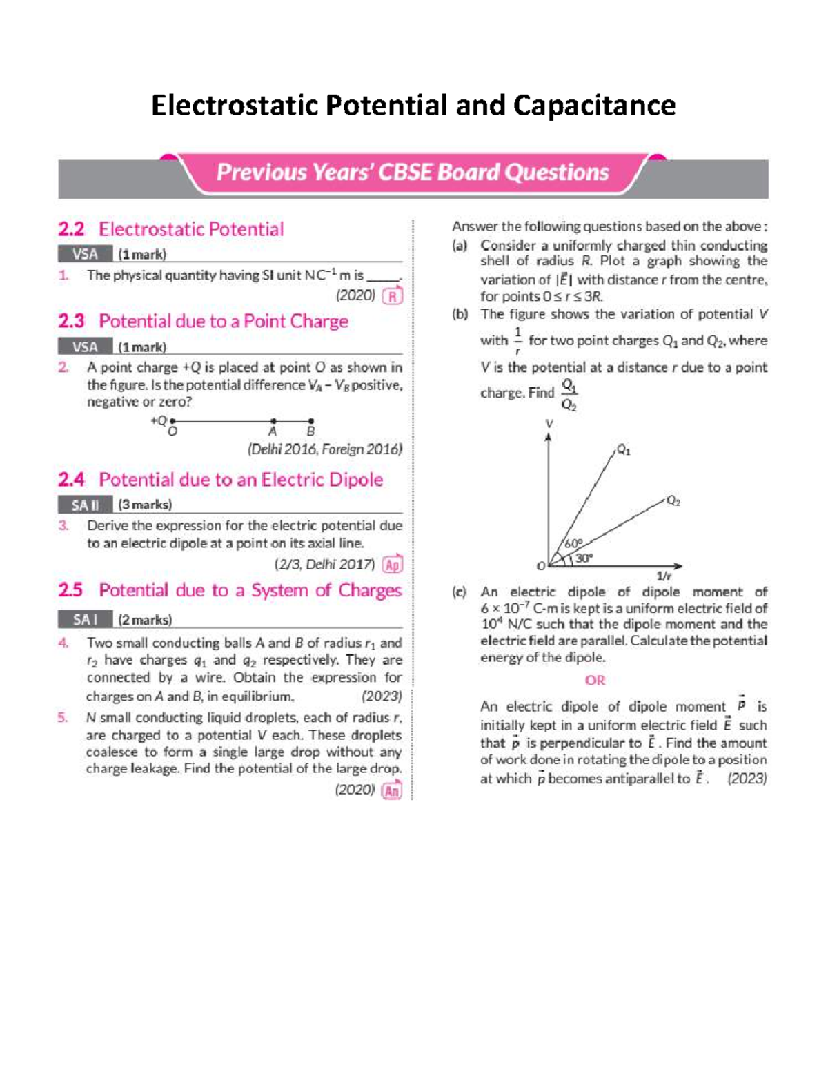 Electrostatic Potential & Capacitance: Previous Year Questions (CBSE ...
