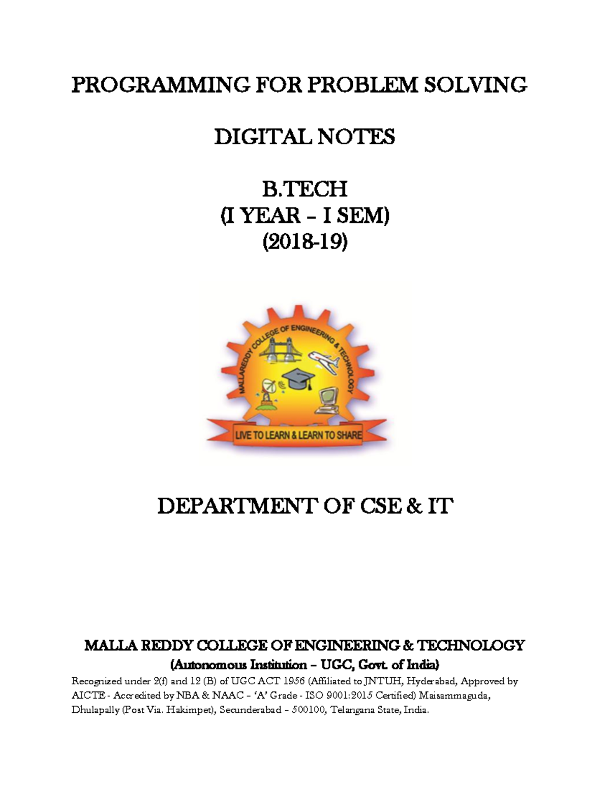 B.TECH (I YEAR – I SEM) R18A0501 Programming for Problem Solving Notes ...