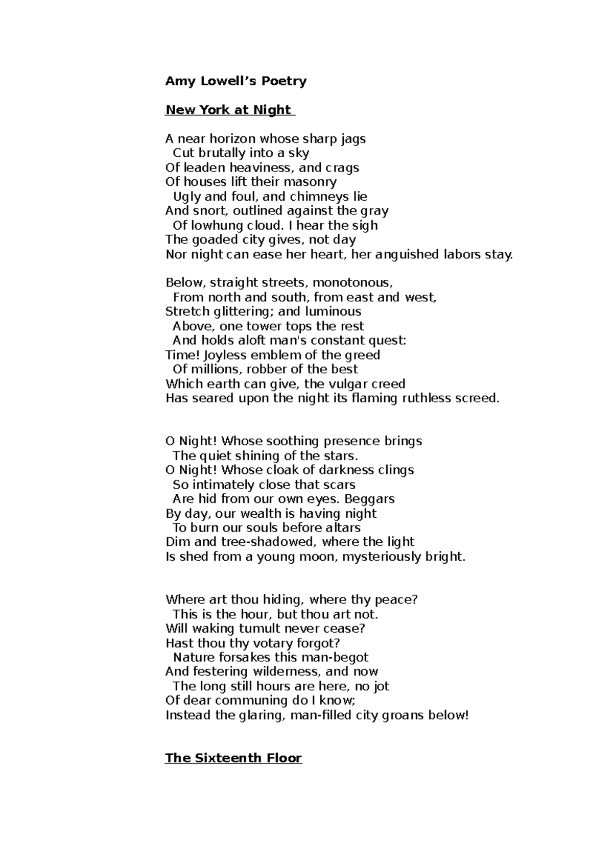 Amy Lowell Poems: New York at Night Analysis - Studocu