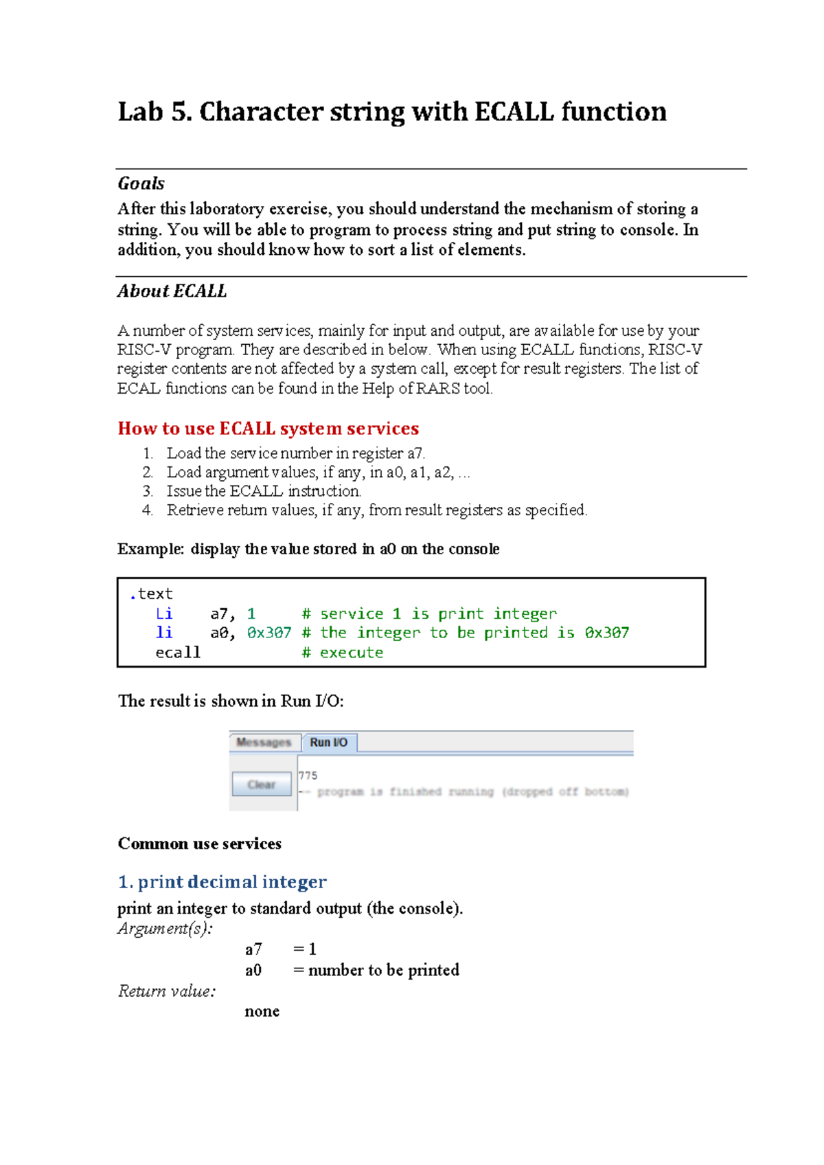 Lab 05 - RISC-V String Processing with ECALL Functions - Studocu