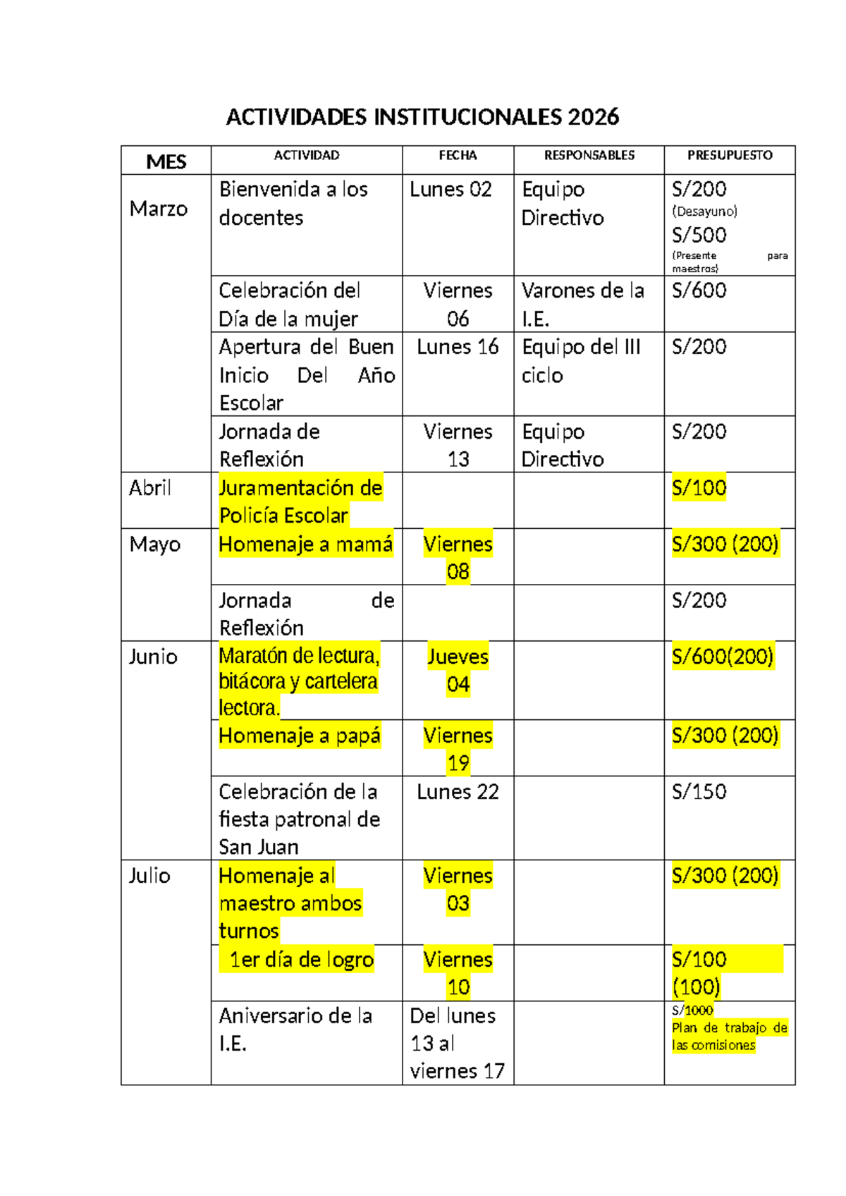 Actividades Institucionales 2026: Calendario de Eventos y Celebraciones ...