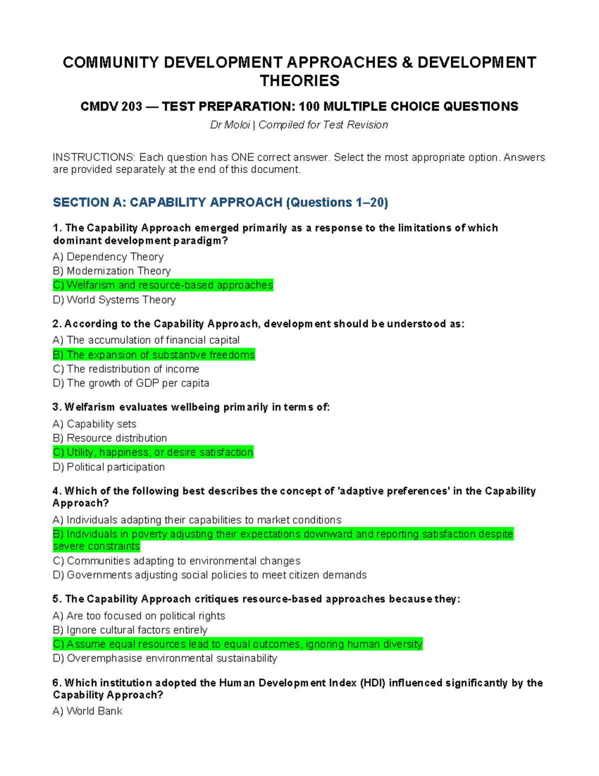 CMDV 203 Community Development Theories: 100 MCQ Test Prep - Studocu