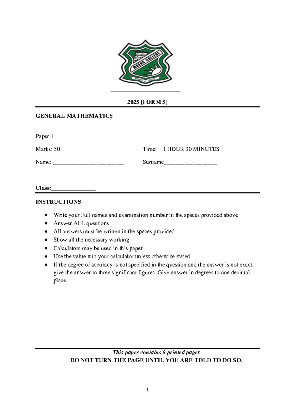 2025 GENERAL MATHEMATICS Paper 1 Term 3 Exam Guide - Studocu