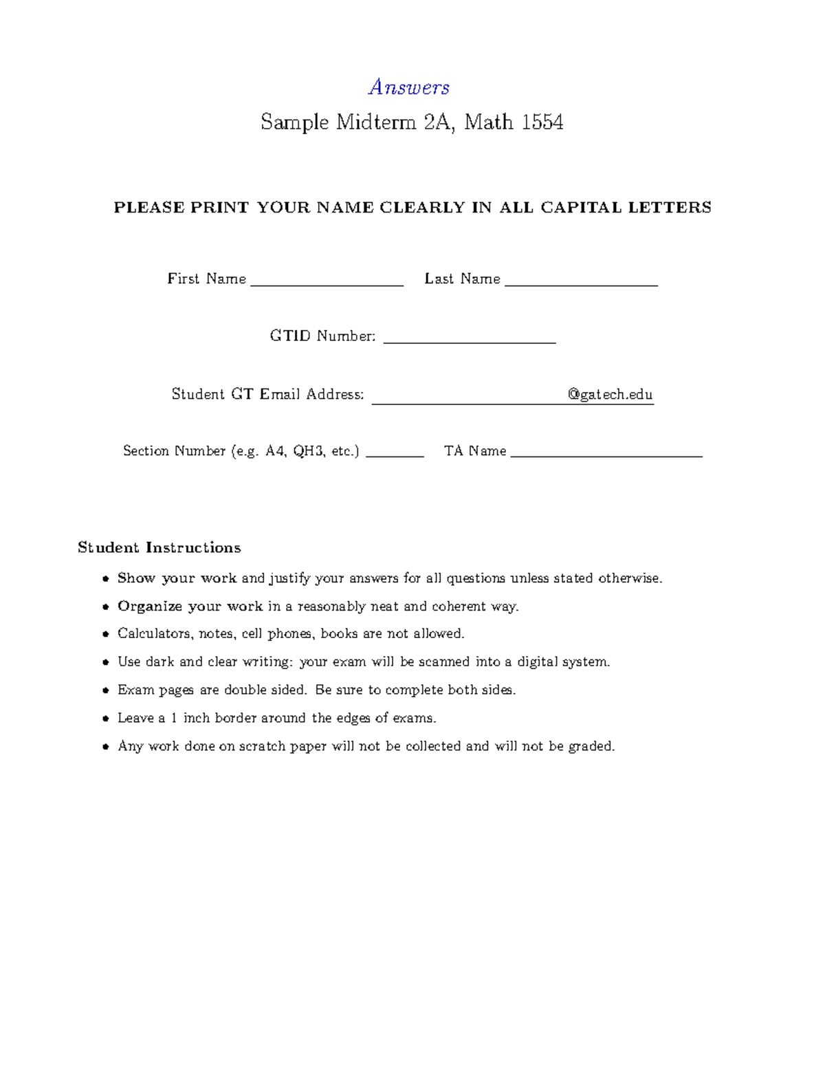 Math 1554 Sample Midterm 2A Answer Key - Studocu