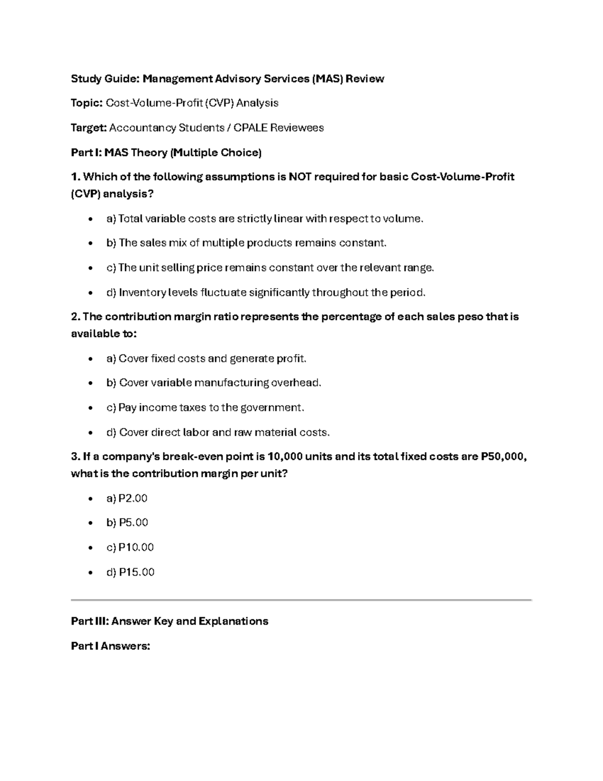 MAS CVP Analysis Study Guide for Accountancy Students - Studocu
