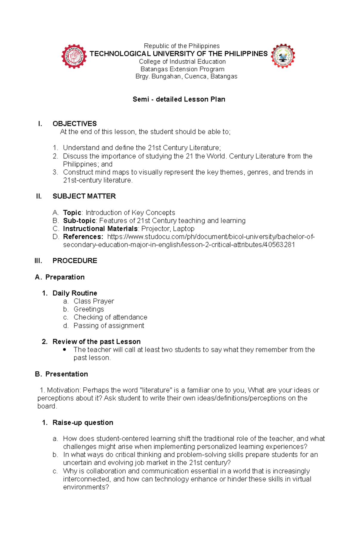 PROF-ED 6 Features of 21st Century Teaching & Learning Framework - Studocu