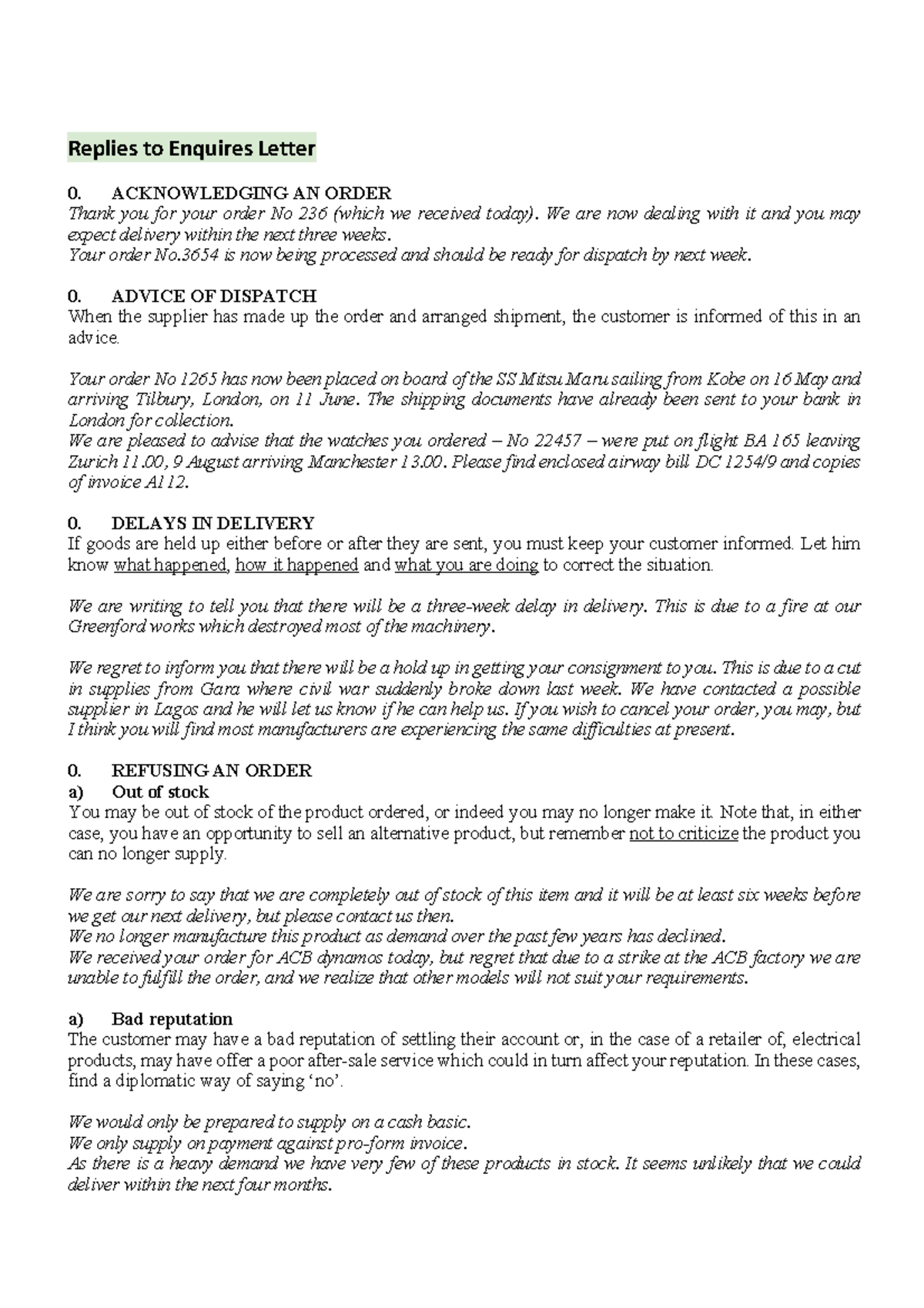 Replies to Enquiry Letter - ACKNOWLEDGING AN ORDER Thank you for your ...