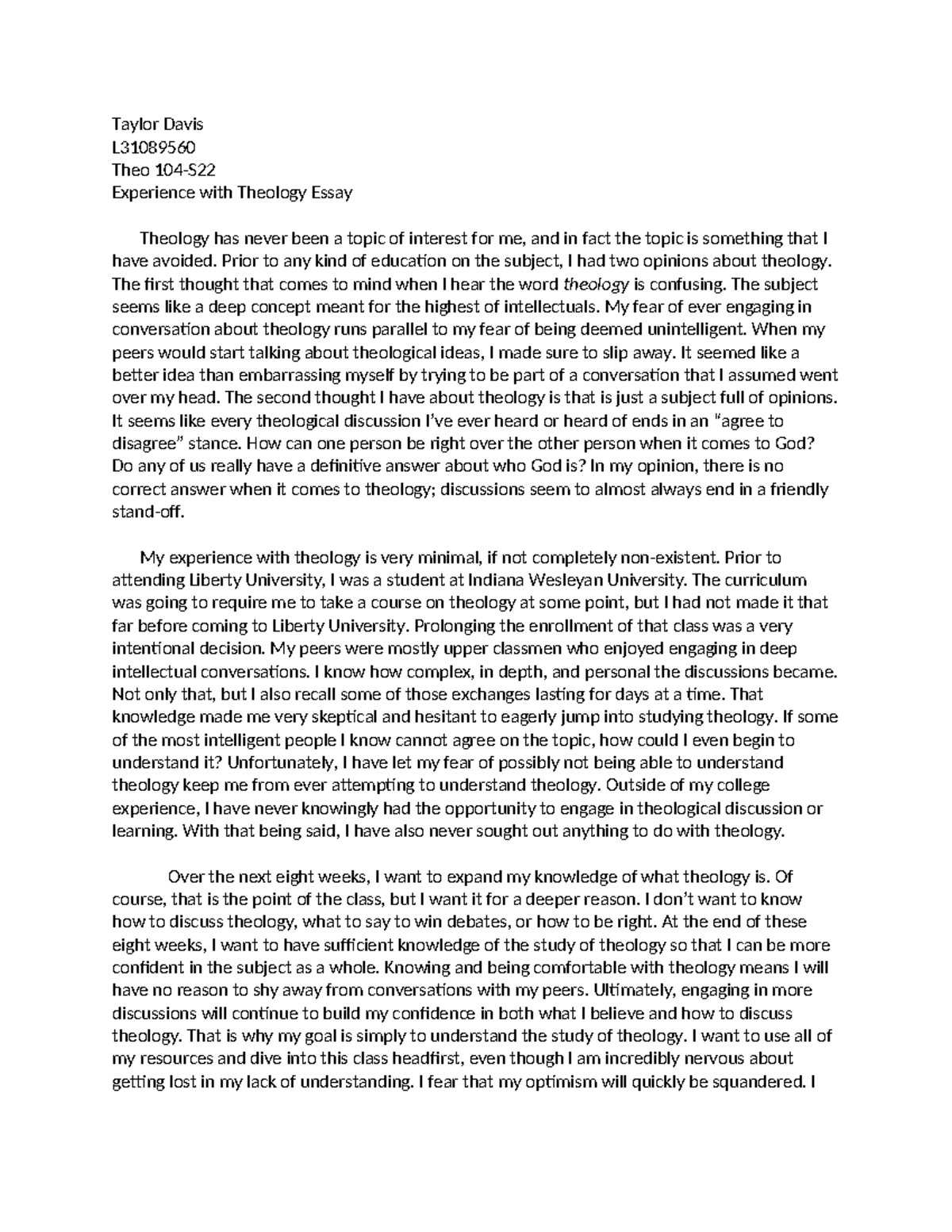 Theology Experience Reflection - L31089560 Essay Notes - Studocu