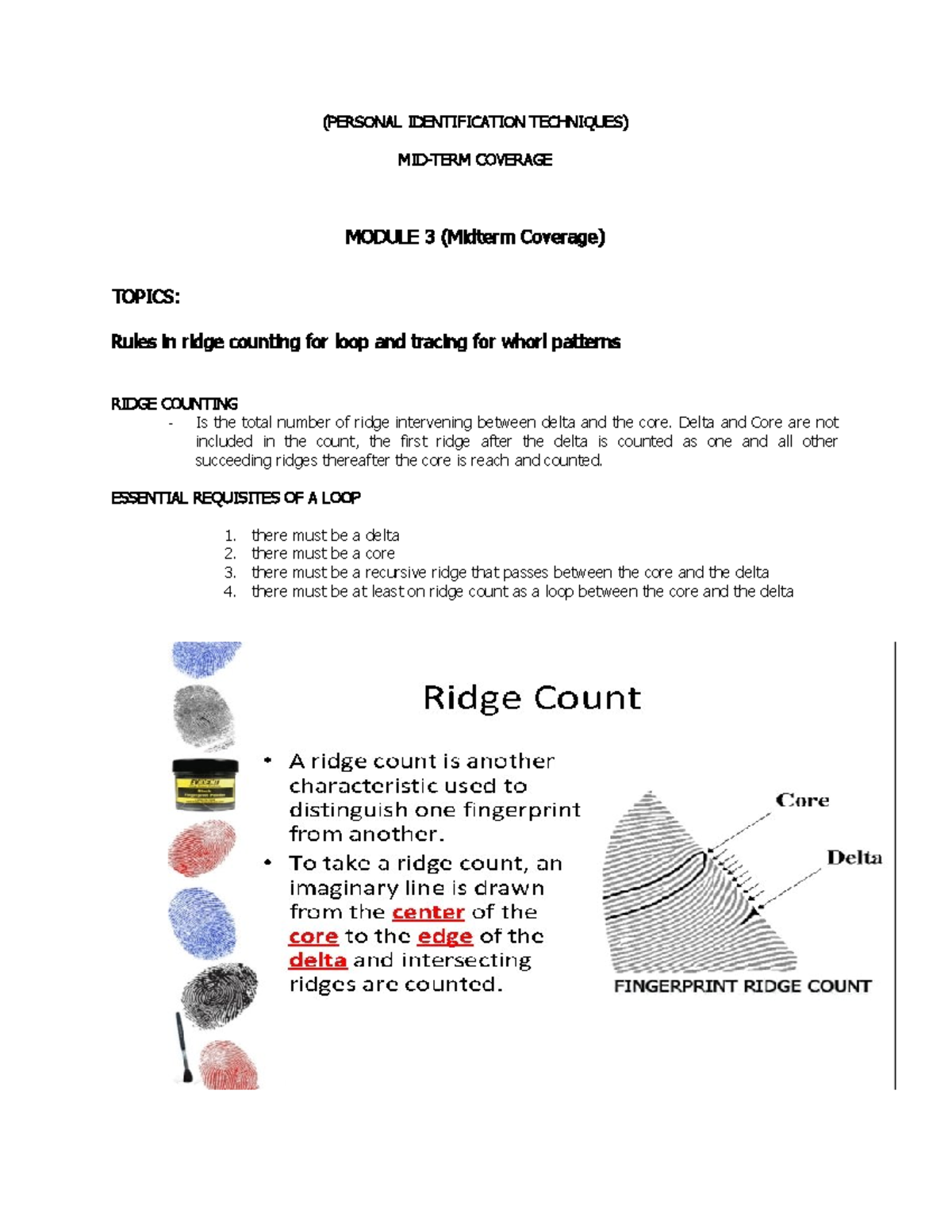 PIT 3 Midterm Review: Ridge Counting & Whorl Patterns Guide - Studocu