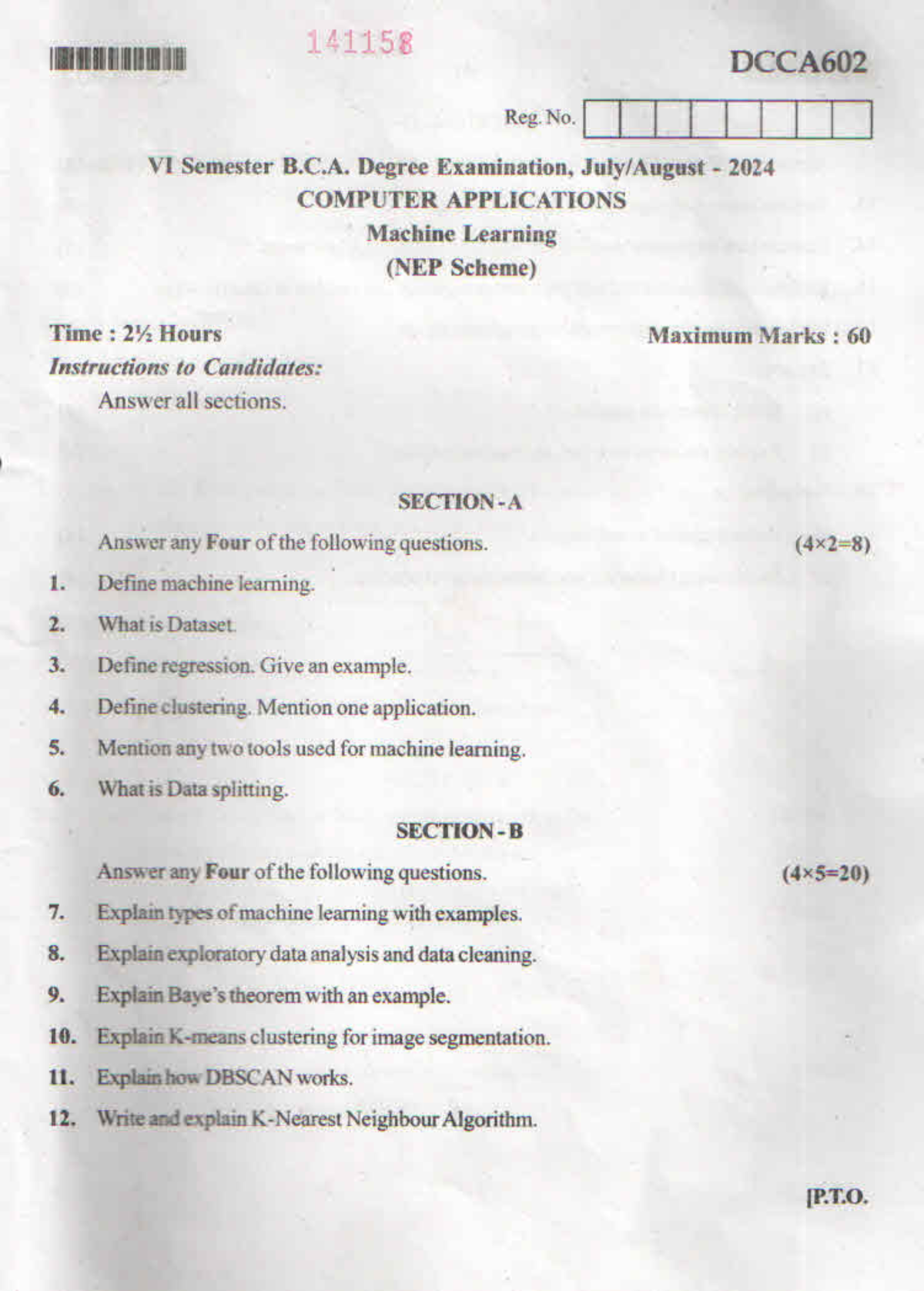 141158 DCCA602 VI Sem B.C.A. 2024 Machine Learning Question Paper - Studocu