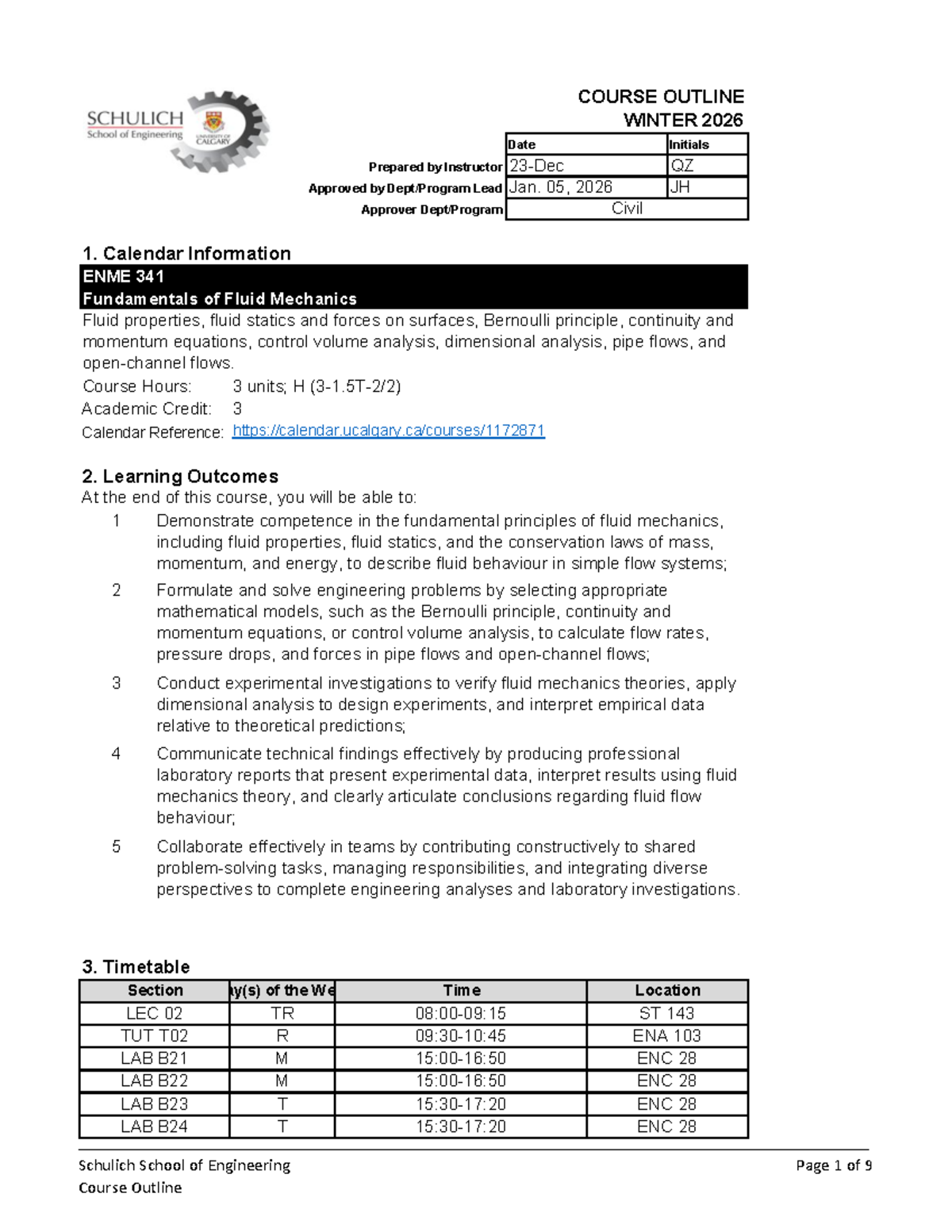 ENME 341 - Winter 2026 Course Outline: Fundamentals of Fluid Mechanics ...