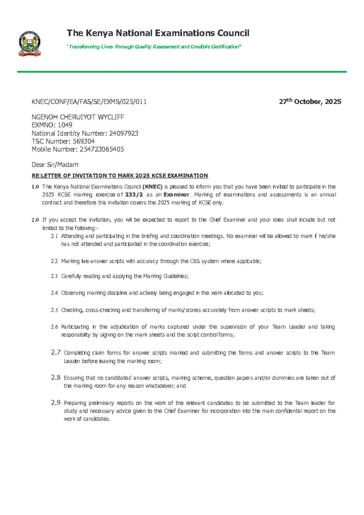 Invitation to Mark 2025 KCSE Examination - KNEC Guidelines - Studocu