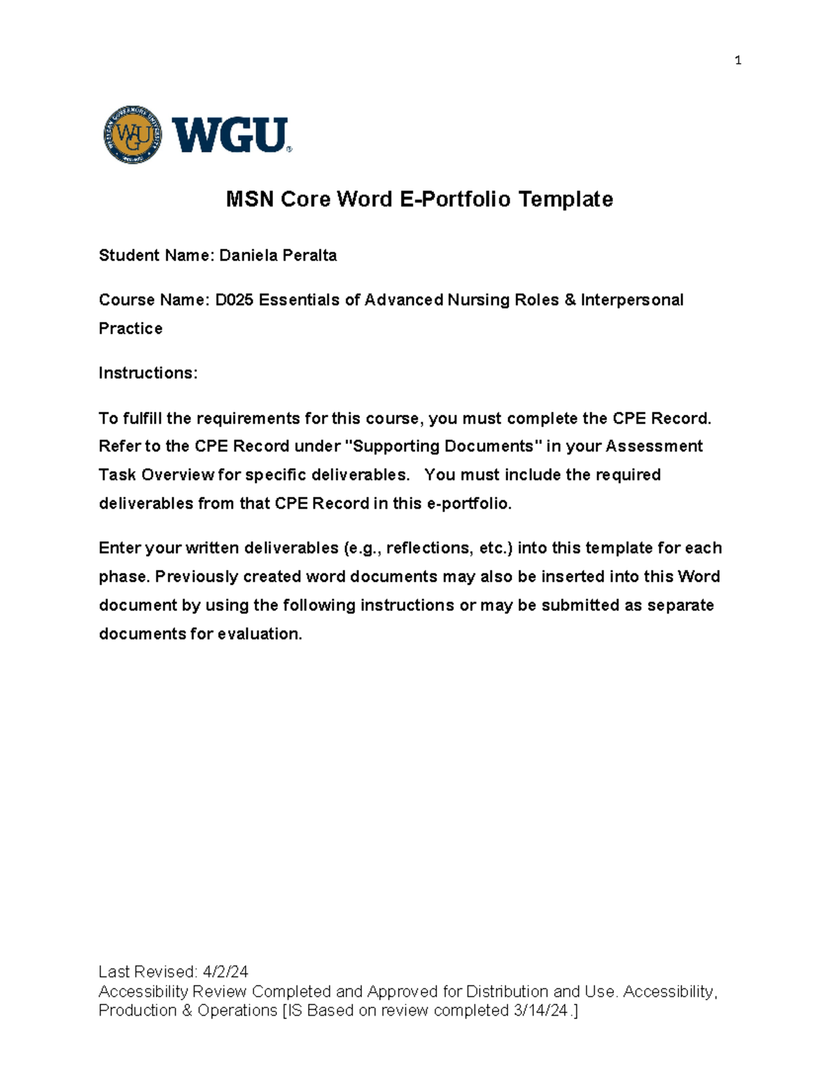 E portfolio assignment D025 - MSN Core Word E-Portfolio Template ...