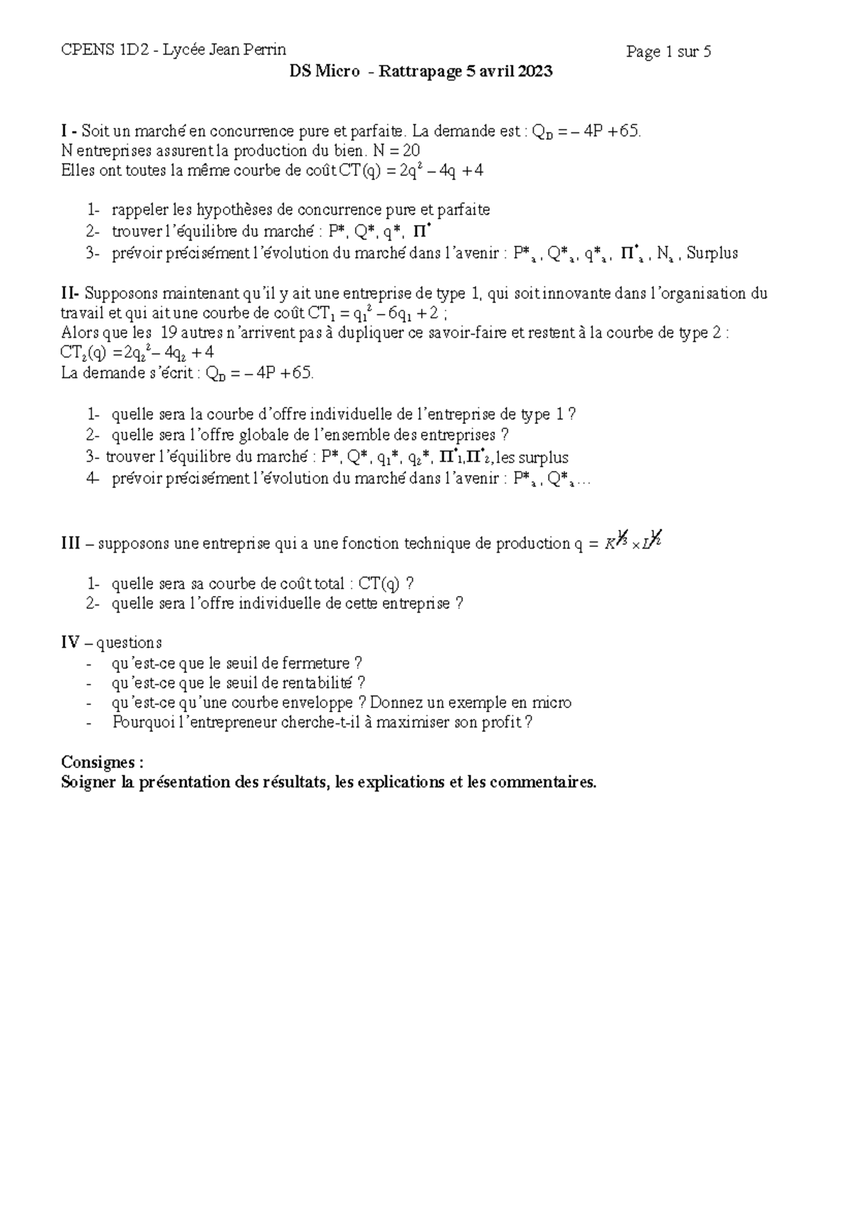 CPENS 1D2 DS Microéconomie Rattrapage - 5 Avril 2023 - Studocu