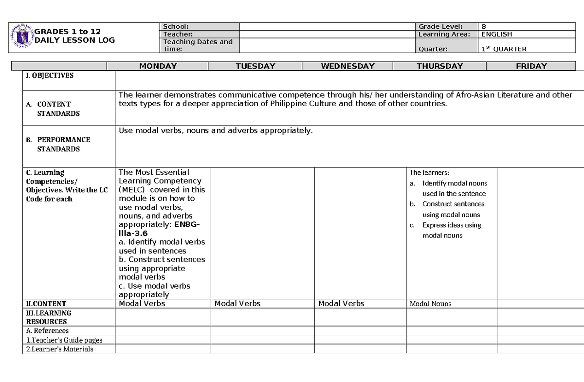 ENG8 DLL SEPT - Daily lesson log - GRADES 1 to 12 DAILY LESSON LOG ...