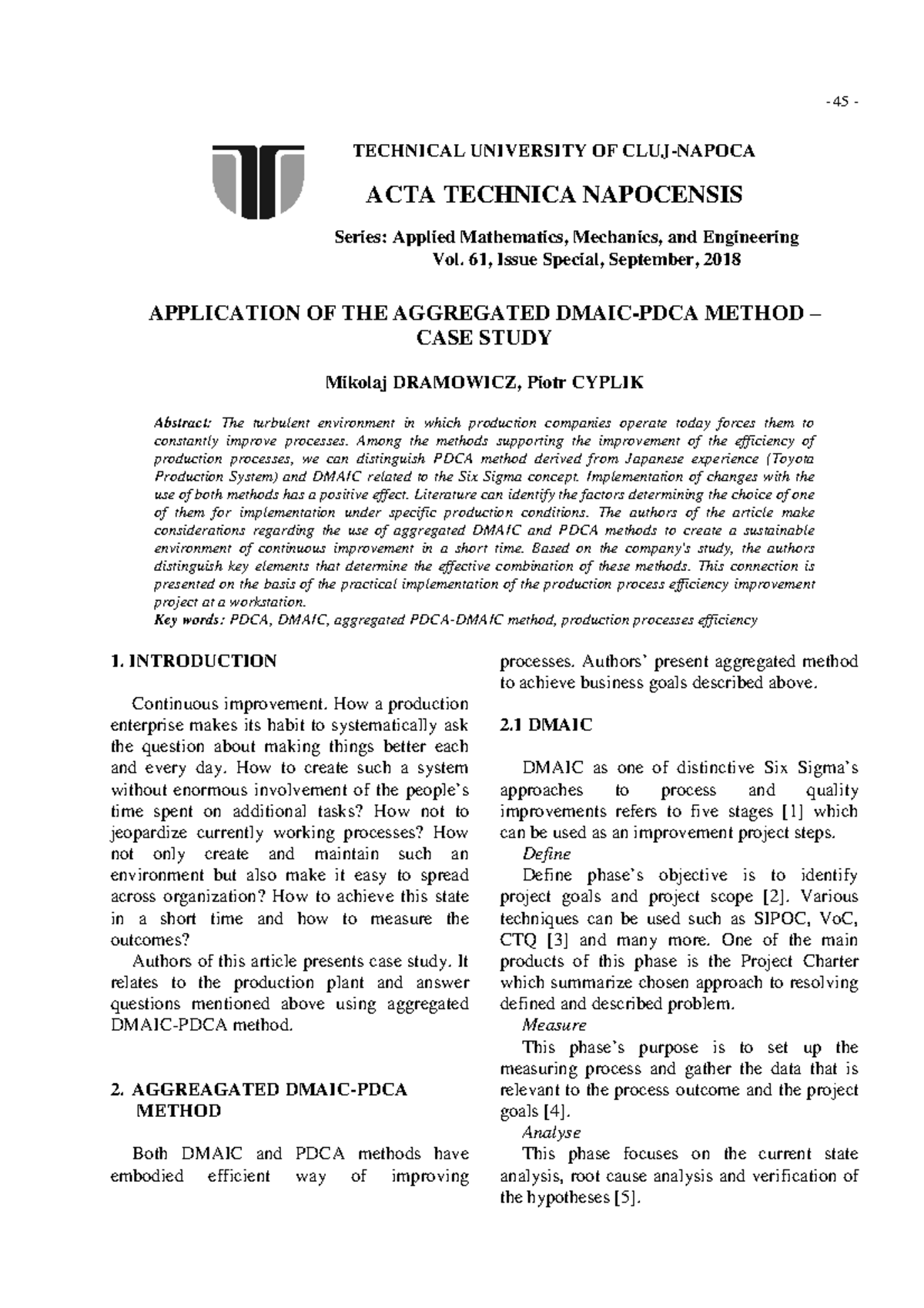 APPLICATION OF AGGREGATED DMAIC AND PDCA METHODS: A CASE STUDY - Studocu