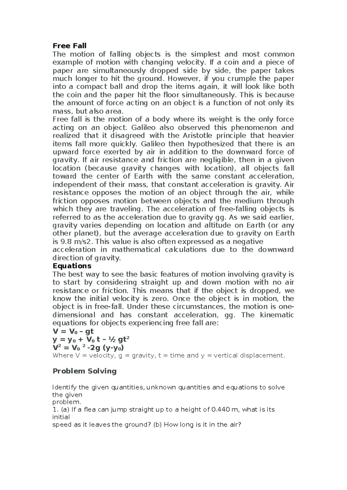 Physics 101: Free Fall Lecture Notes and Key Concepts - Studocu