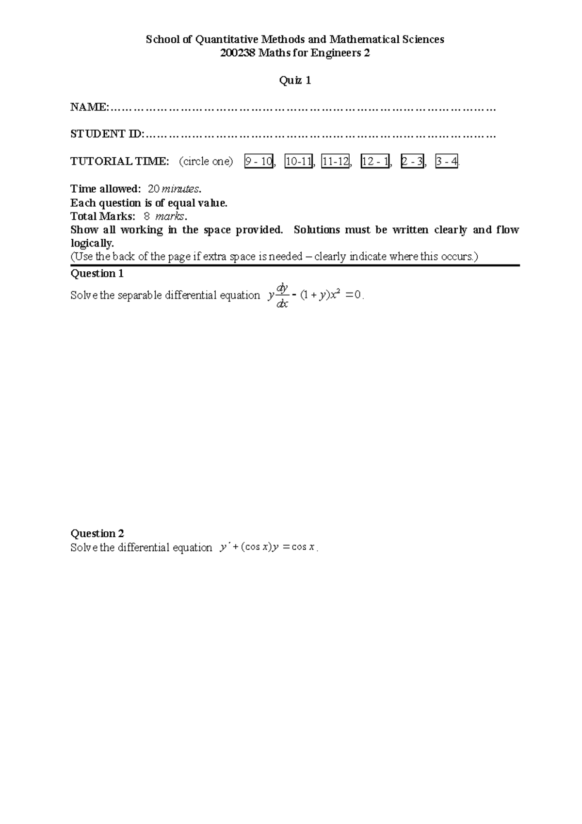 Quiz 1 b - Math - School of Quantitative Methods and Mathematical ...
