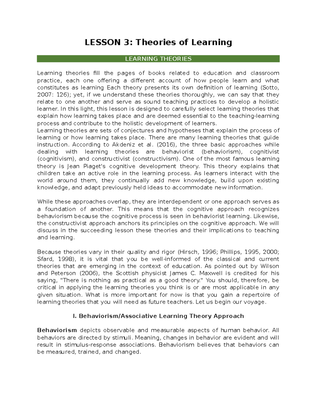 LEARNING THEORIES: An Overview of Key Concepts in Lesson 3 - Studocu