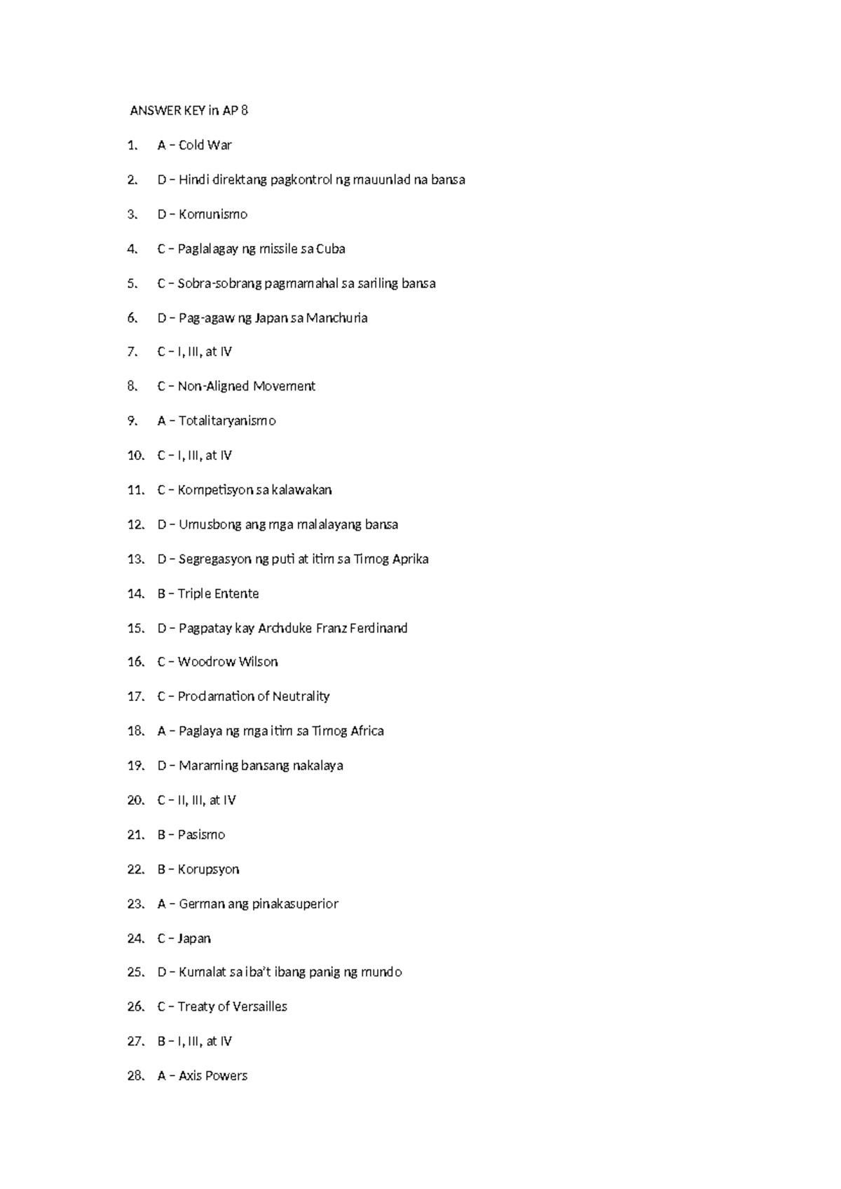 AP 8 3RD Quarter Answer Key: Cold War & Related Topics - Studocu
