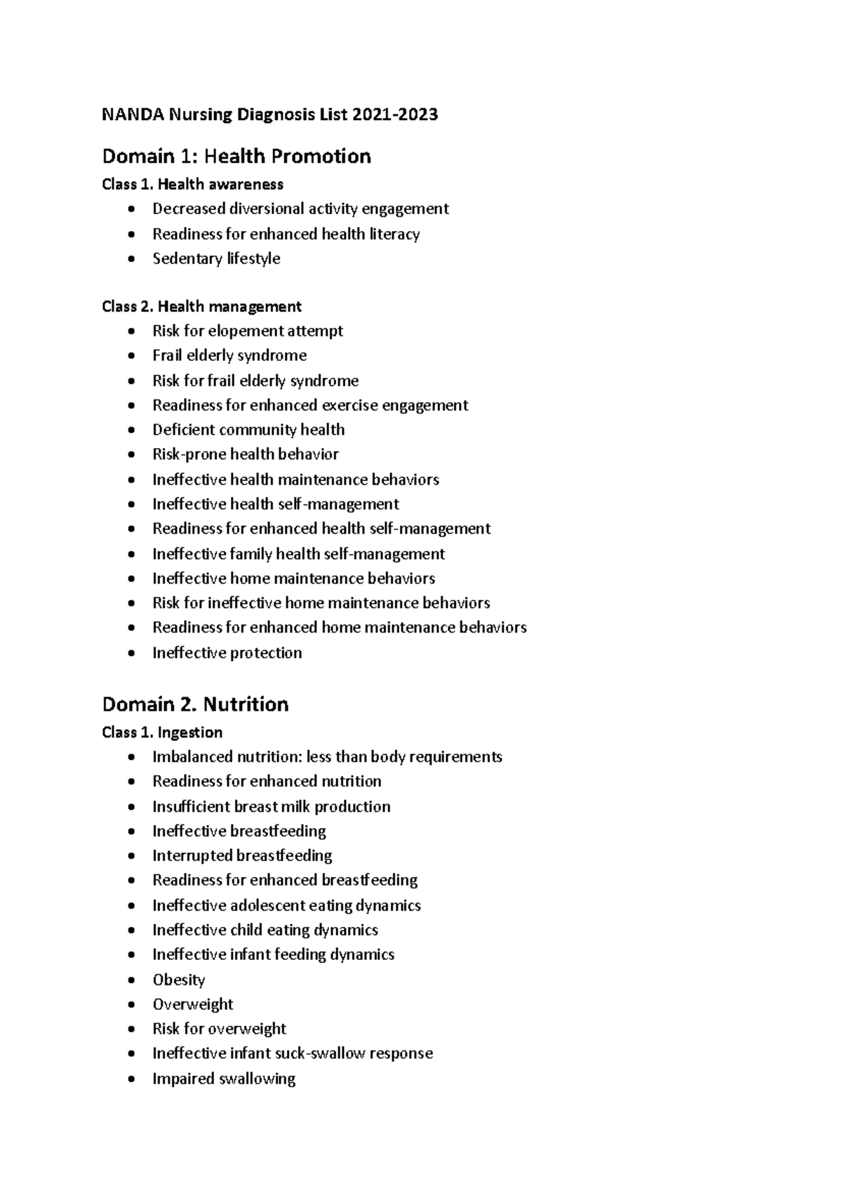 NANDA Nursing Diagnosis List 2021-2023: Health Promotion & More - Studocu