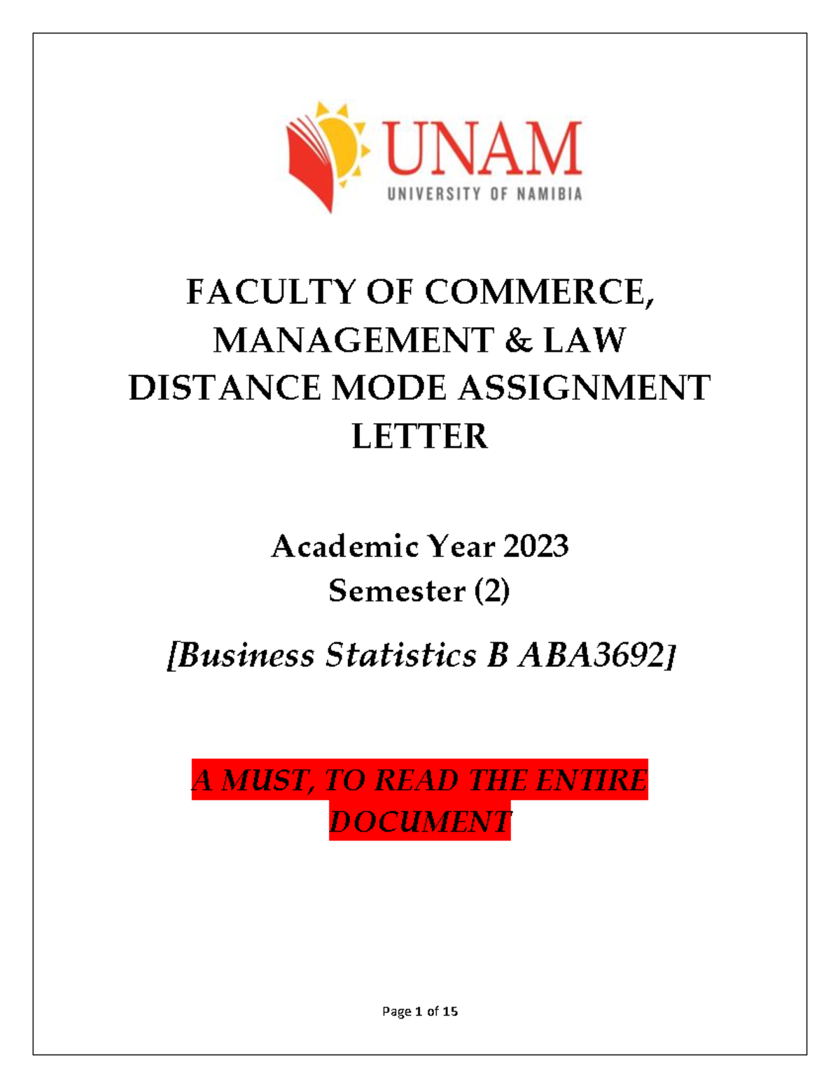 Assignments 1 & 2 Overview for ABA 3692 Business Statistics B - Studocu