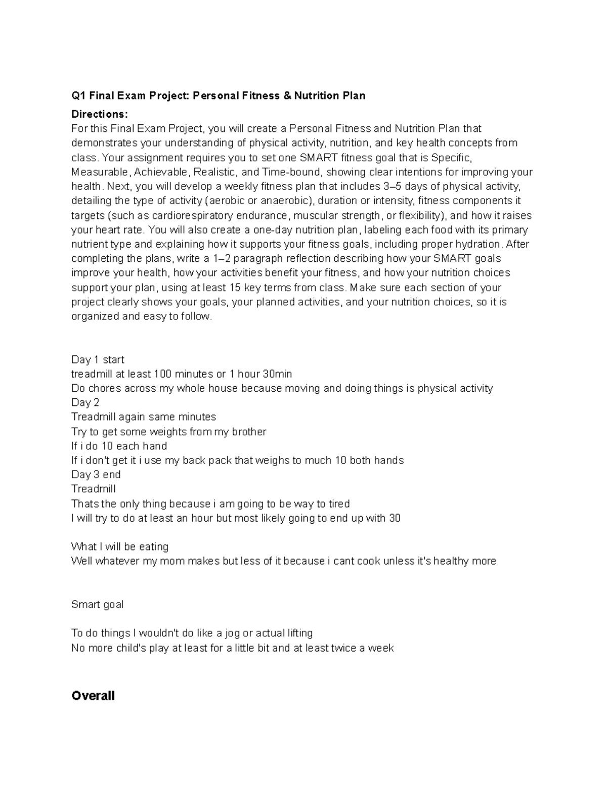 Health Q1 Final Exam Project: Personal Fitness & Nutrition Plan - Studocu