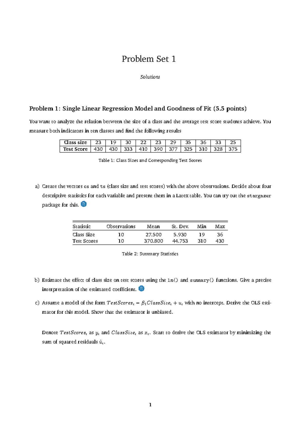Exercises 1 OLS Solutions: Single Linear Regression & Multiple ...