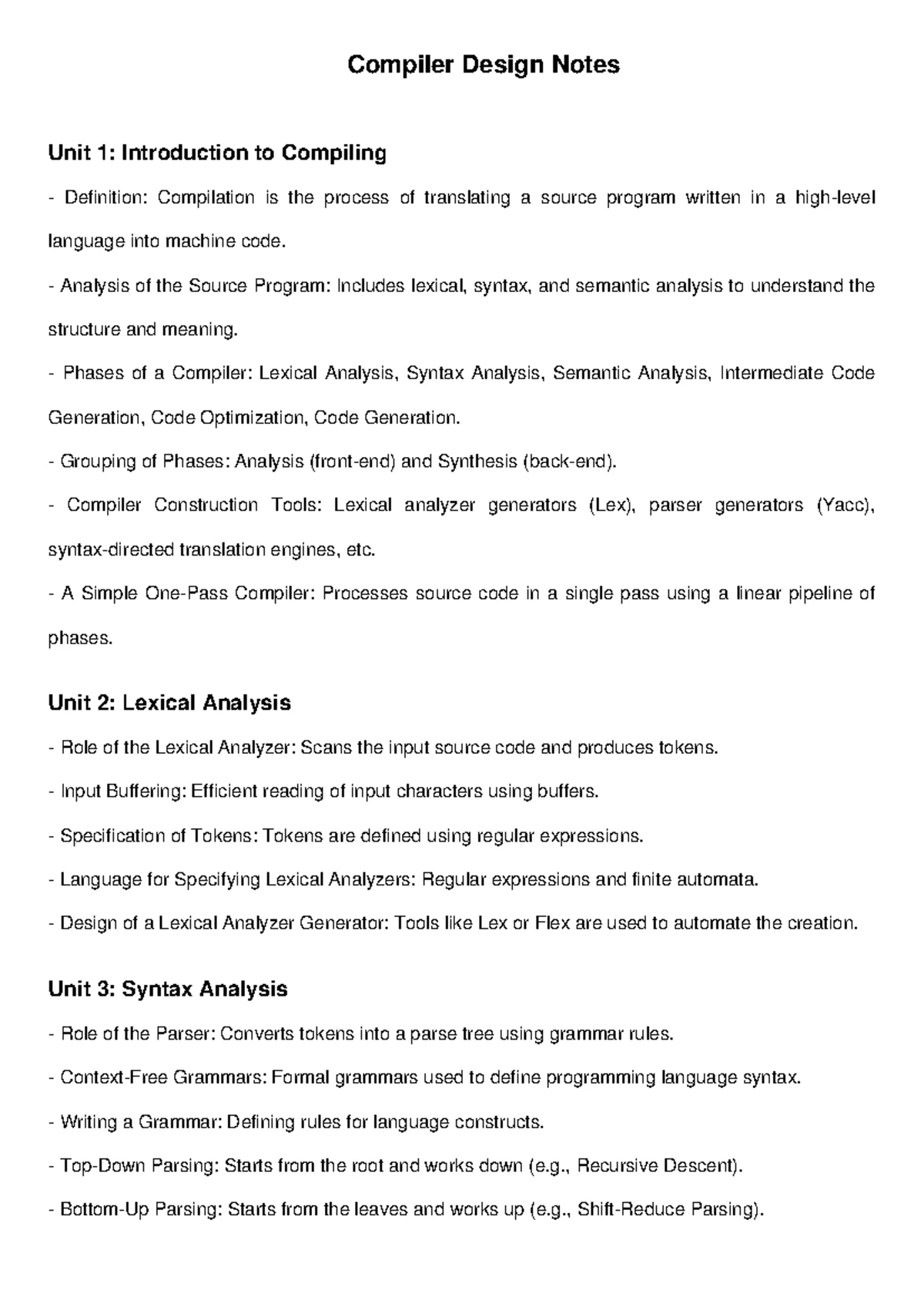 Compiler Design: Unit 1 & 2 Overview for Aman Karbhari - Studocu