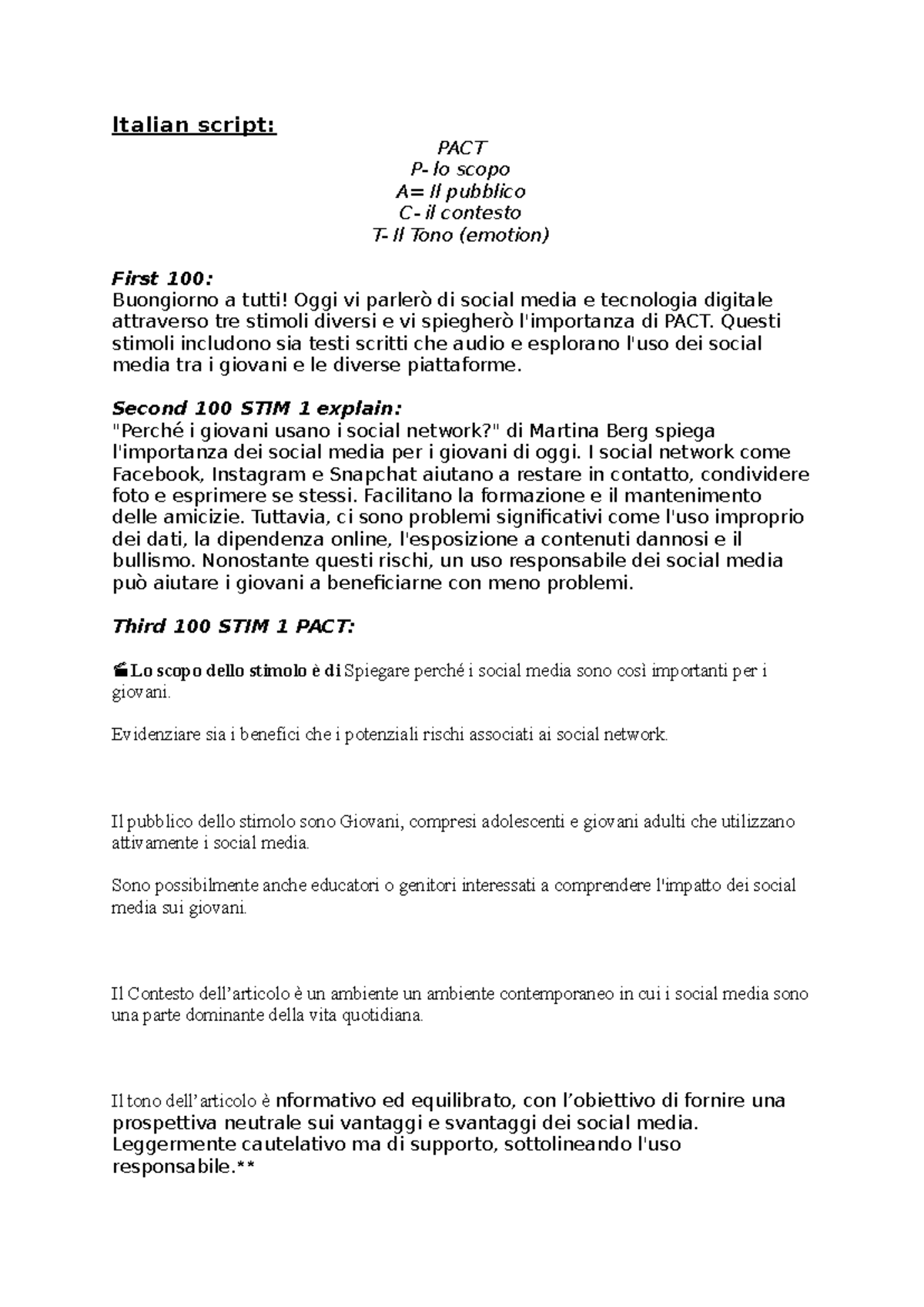 Italian Script Analysis: Exploring Social Media Impact on Youth - Studocu