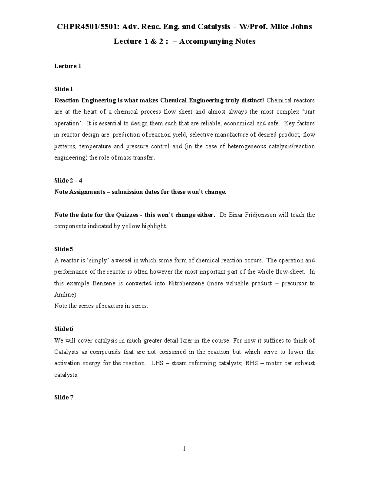 Adv. Reac. Eng. and Catalysis (L1 & L2) Lecture Notes by Mike Johns ...