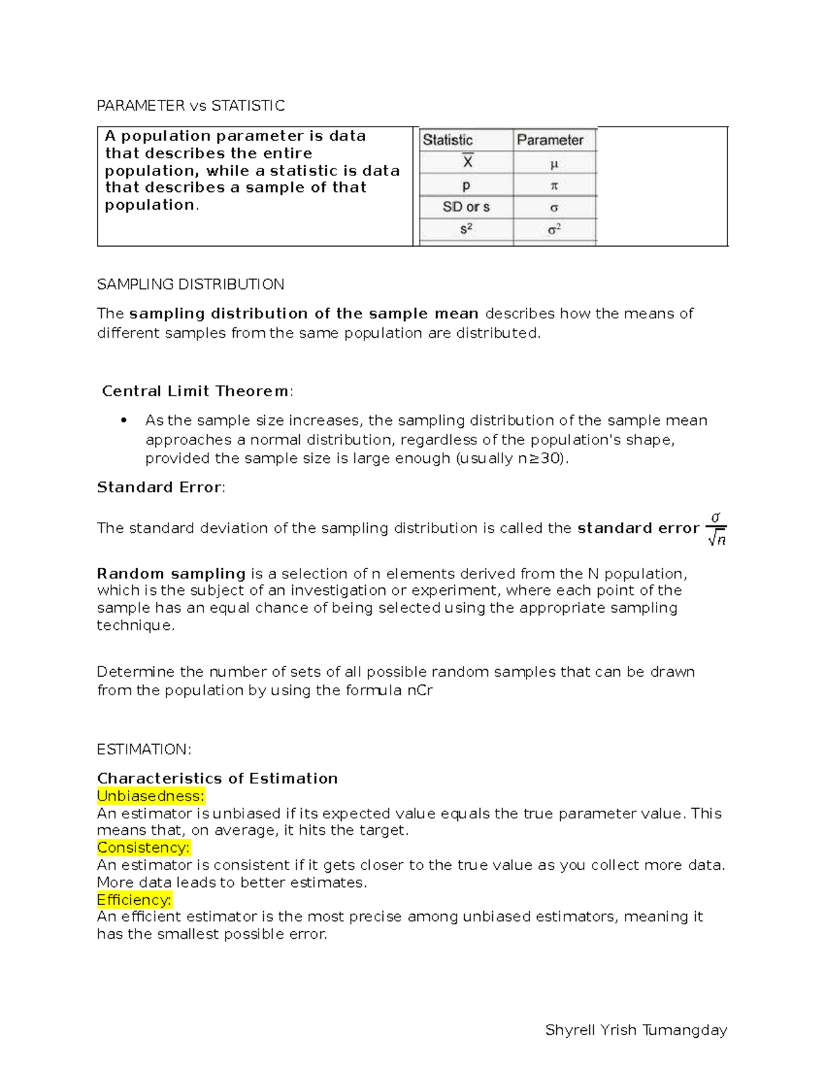 4th-stat-reviewer - answer - PARAMETER vs STATISTIC A population ...