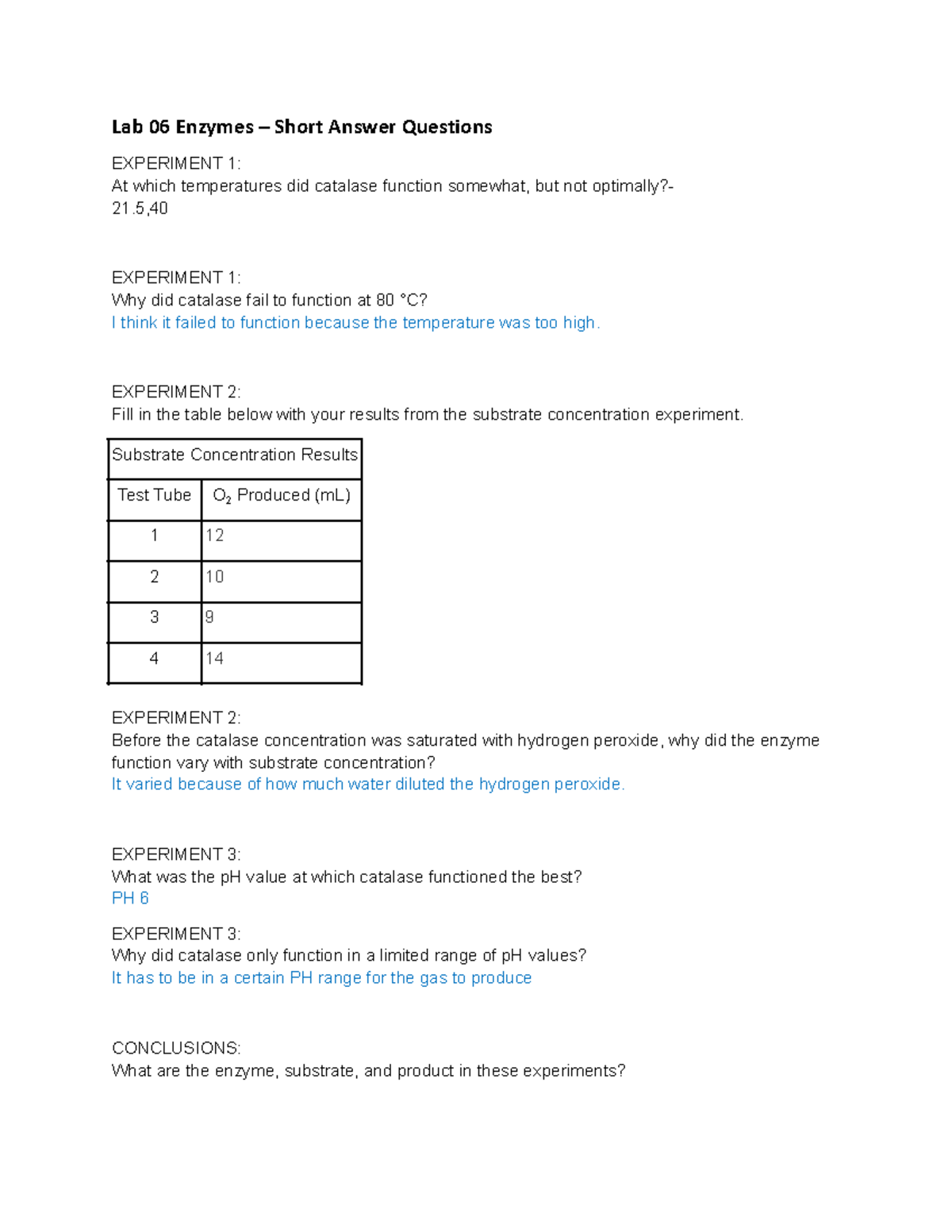 Copy of Lab 06 Enzymes Short Answers - Lab 06 Enzymes Short Answer ...
