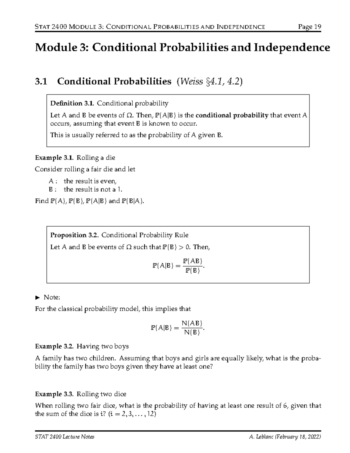 STAT 2400 Module 3: Conditional Probabilities & Independence Notes ...