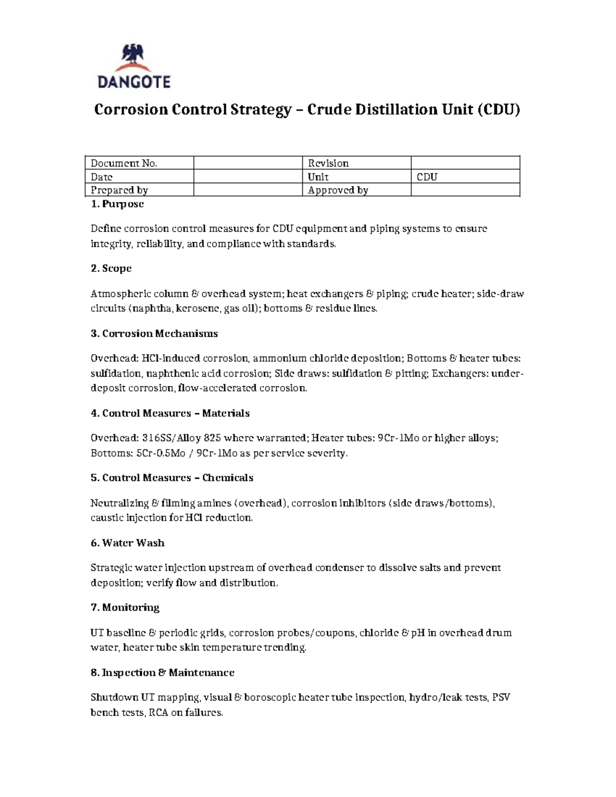 CDU Corrosion Control Strategy for Crude Distillation Unit - Studocu