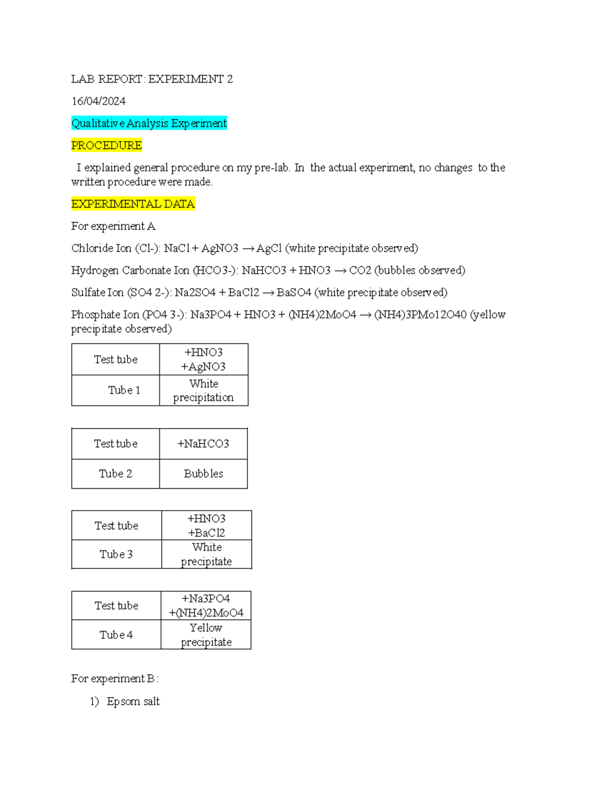 LAB REPORT: EXPERIMENT 2 - Qualitative Analysis Procedures and Data ...