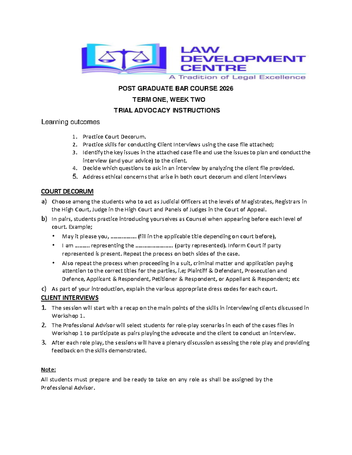 PG Bar Course 2026: Term 1, Week 2 Trial Advocacy Instructions - Studocu