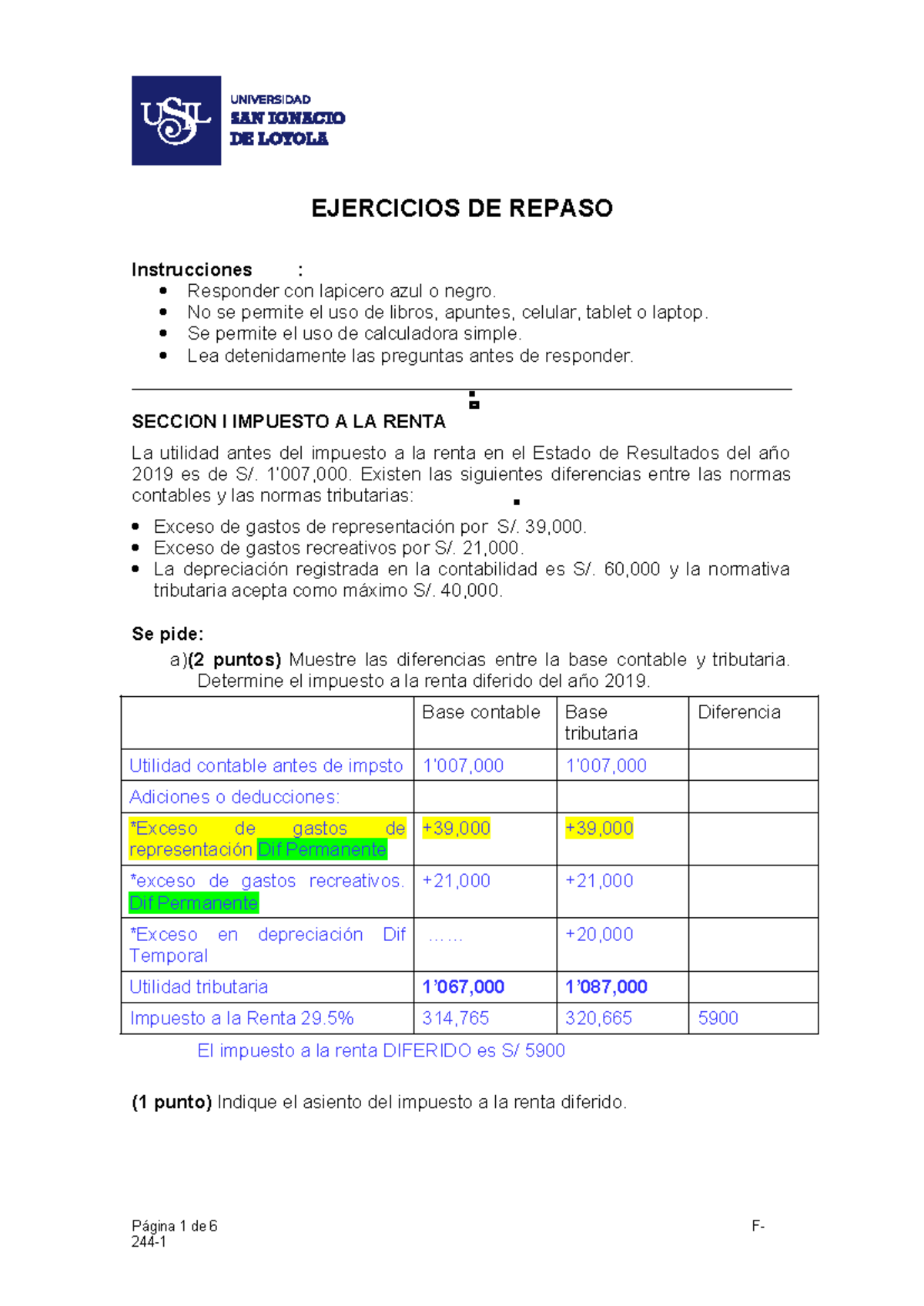 EJERCICIOS DE REPASO: Impuesto a la Renta y Flujo de Efectivo - Studocu