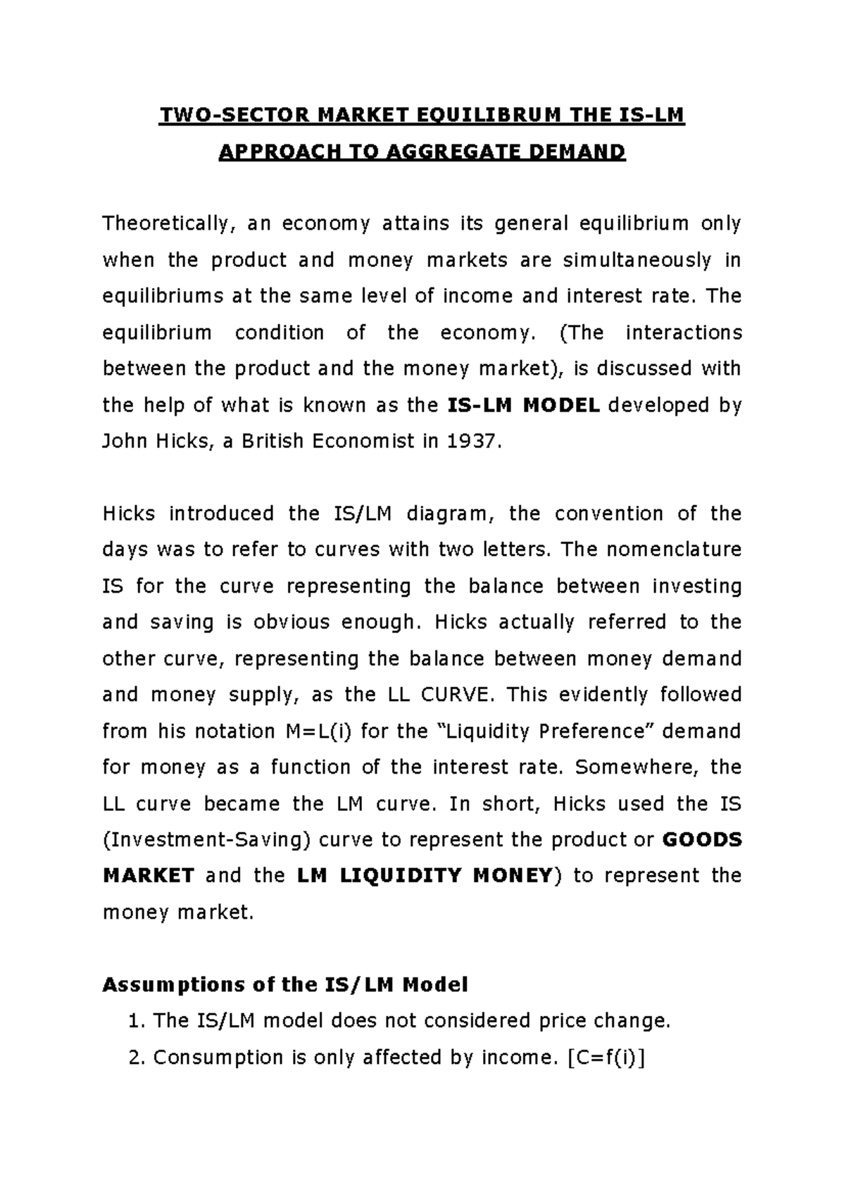 MARKET EQUILIBRIUM: IS-LM Model Analysis (ECO 101 Final Exam) - Studocu