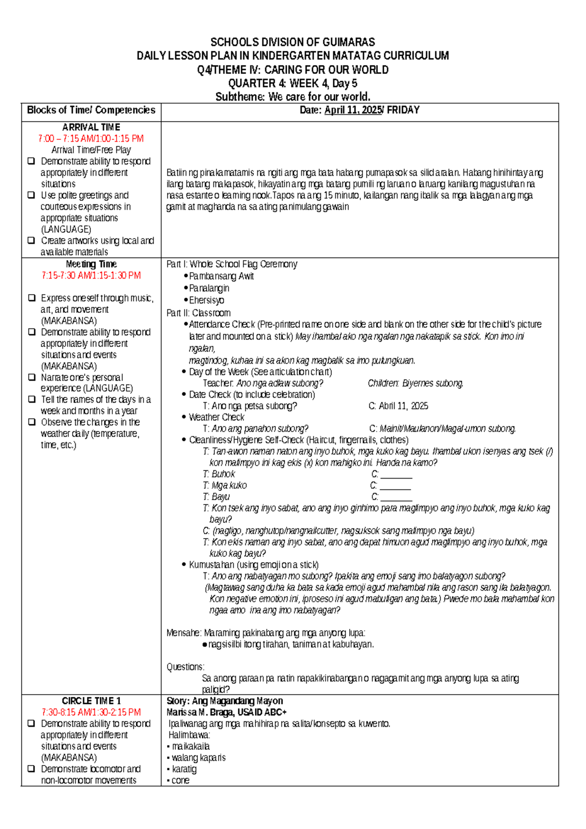 K DLP Q4 Wk4 D5: Daily Lesson Plan for Kindergarten on Caring for Our ...