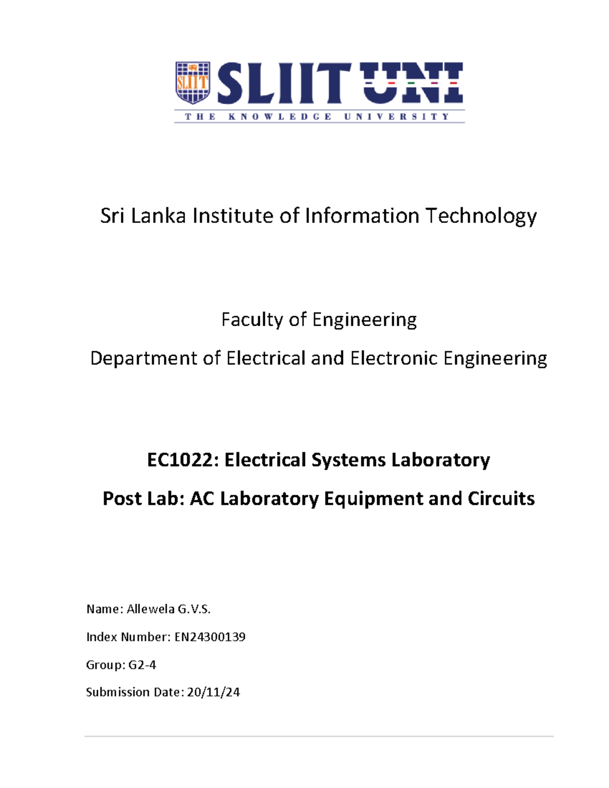 EN24300139 Post Lab 03 - Electrical Systems lab report for POST LAB-03 ...