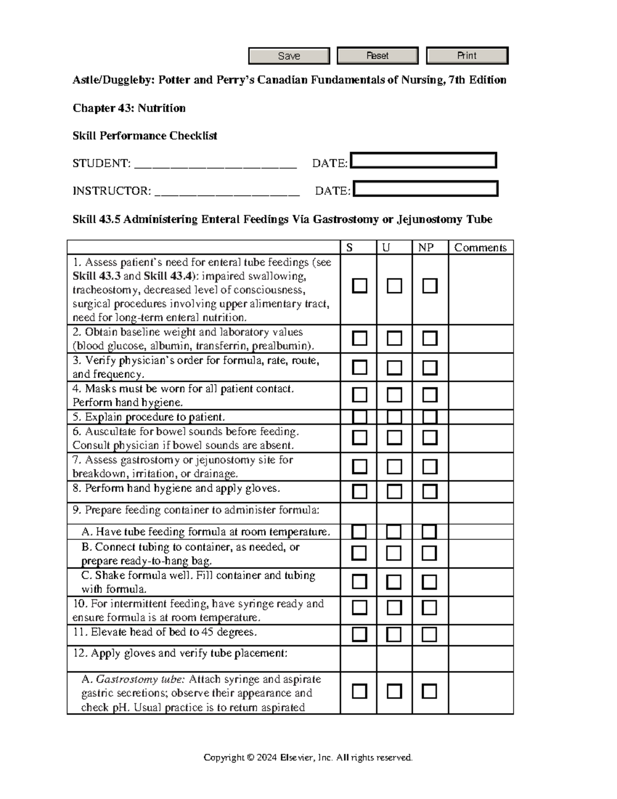 NUR 1234 Final Exam: Chapter 43 Nutrition Skill Checklist - Studocu