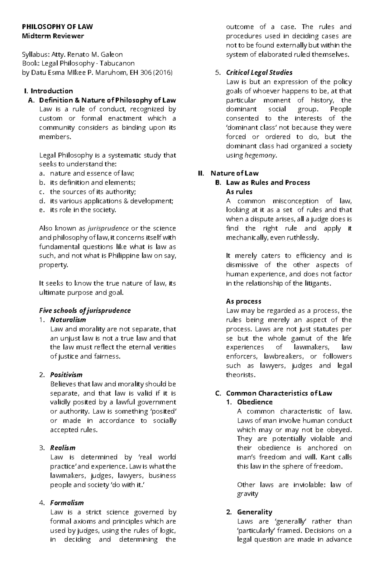 PHILOSOPHY OF LAW (EH 306) Midterm Reviewer and Case Outcomes - Studocu