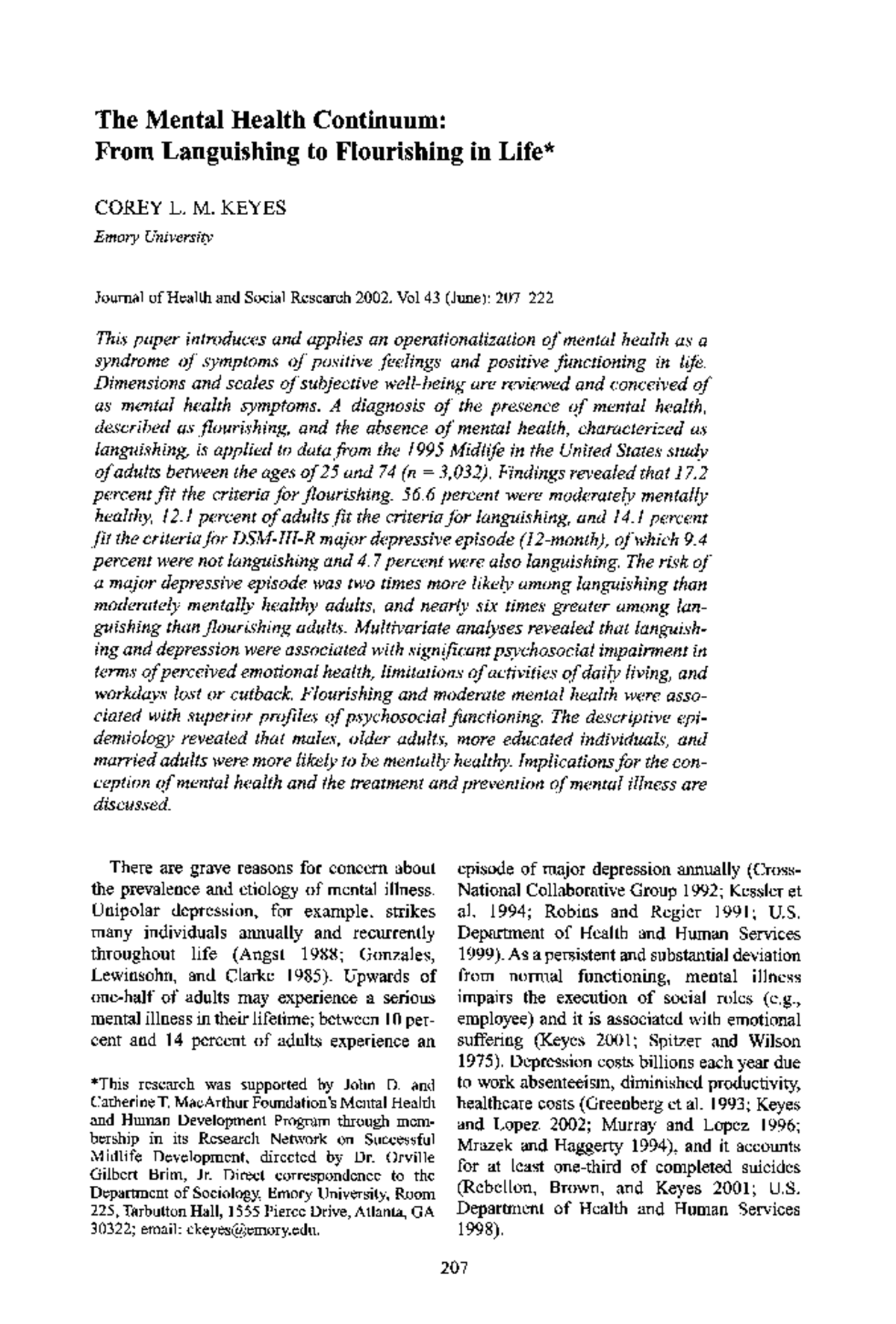 Keyes-2002: Understanding the Mental Health Continuum Dynamics - Studocu