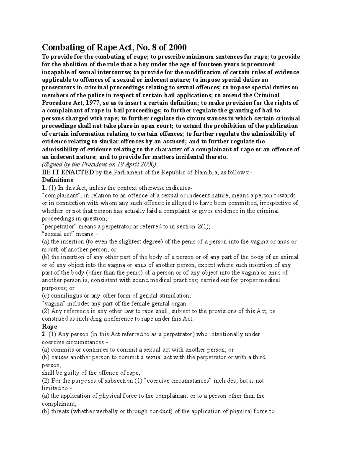 The Combating of Rape Act 8 of 2000 - Criminal law - UNAM - Studocu